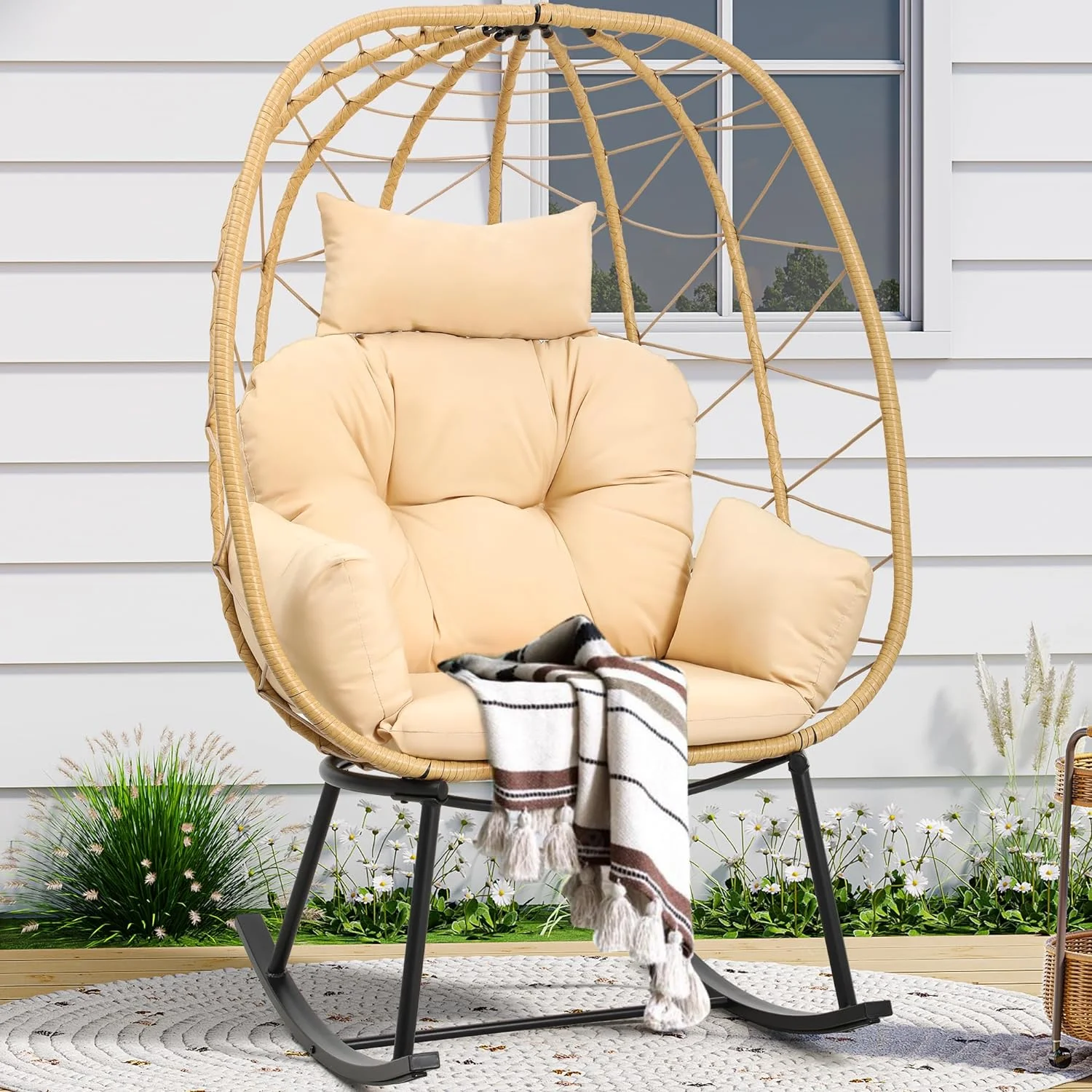 YANRUI Wicker Rocking Egg Chair, Outdoor Patio Rocking Chair with Cushioned Comfort, 330lb Capacity, Anti-Slip, All-Weather Resilient Egg Lounger Chair for Indoor & Outdoor Relaxation Spaces, Beige