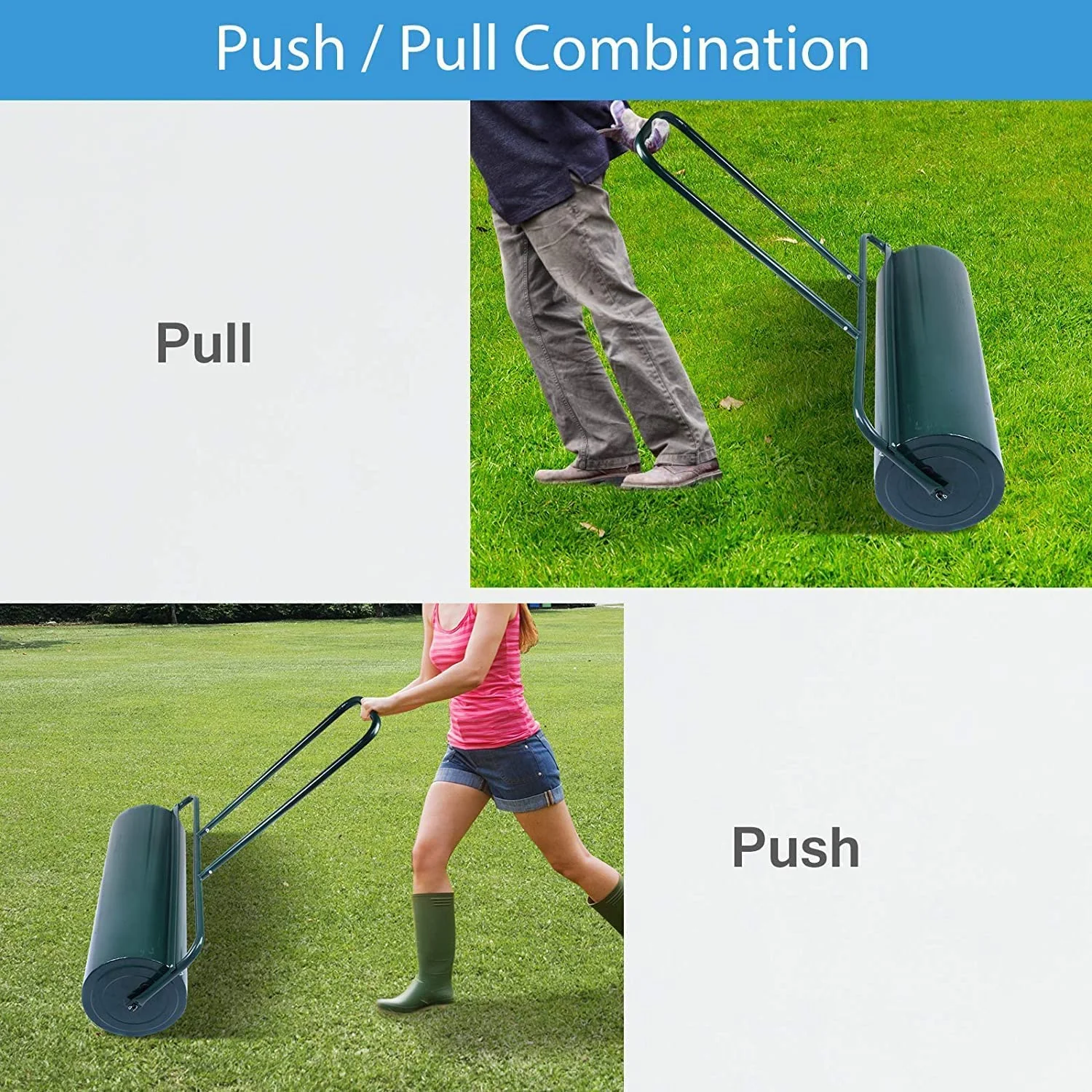 Lawn Roller, 13 Gallons/48 L Push/Pull Steel Sod Roller w/Ergonomic Handle, Lawn Rollers Tow Behind Water Filled for Park, Garden, Yard, Ball Field (24