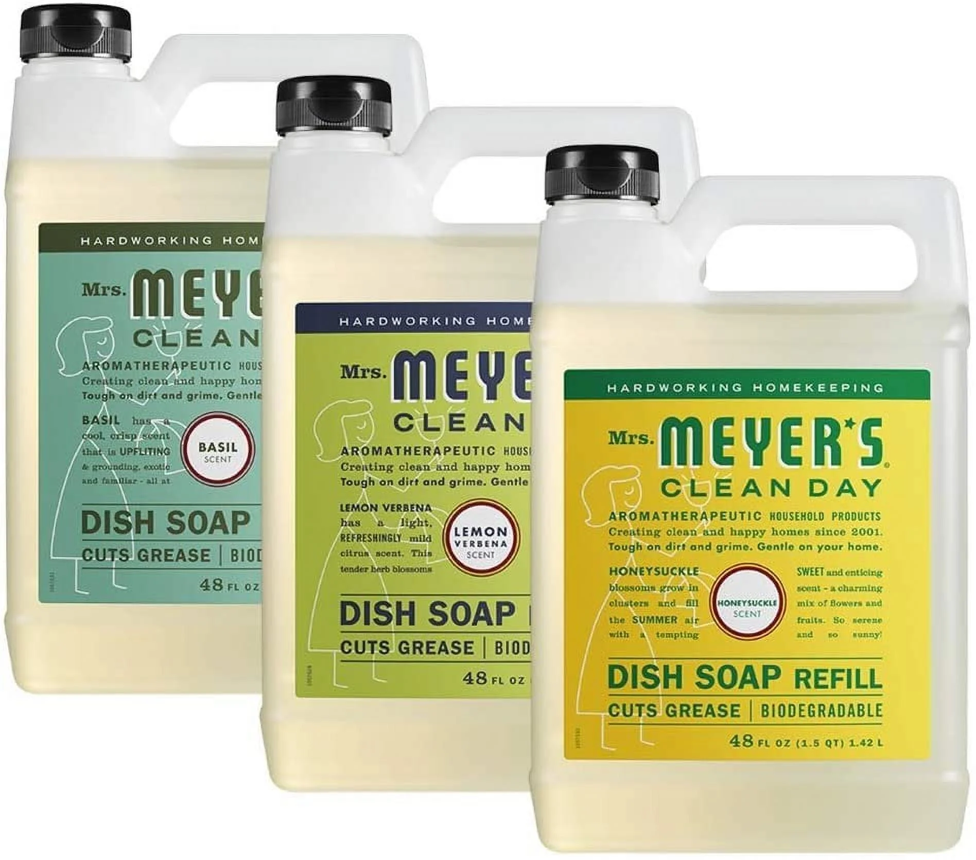 Liquid Dish Soap Refill, 1 Pack Basil, 1 Pack Lemon Verbena,1 Pack Honeysuckle, 48 OZ each