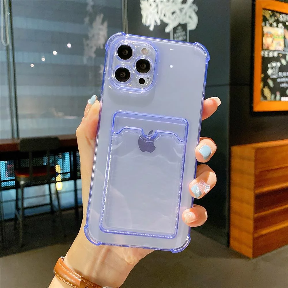 Transparent Card Slot Bag Holder Case for iPhone 15 14 13 11 12 Pro Max Mini X XS XR 7 8 Plus Clear Shockproof Soft Wallet Cover Purple For iPhone 11Pro Max