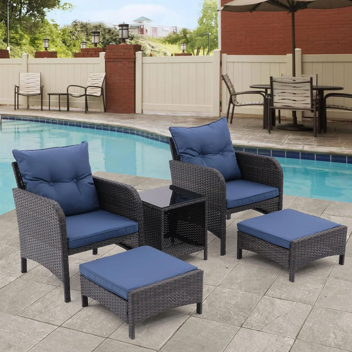 LNSETGC 5 Pieces Wicker Patio  Sets  PE Rattan Outdoor Table and Chairs Conversation Set  Outside  with Cushions and Ottomans for Balcony Porch Lawn Garden (Blue)