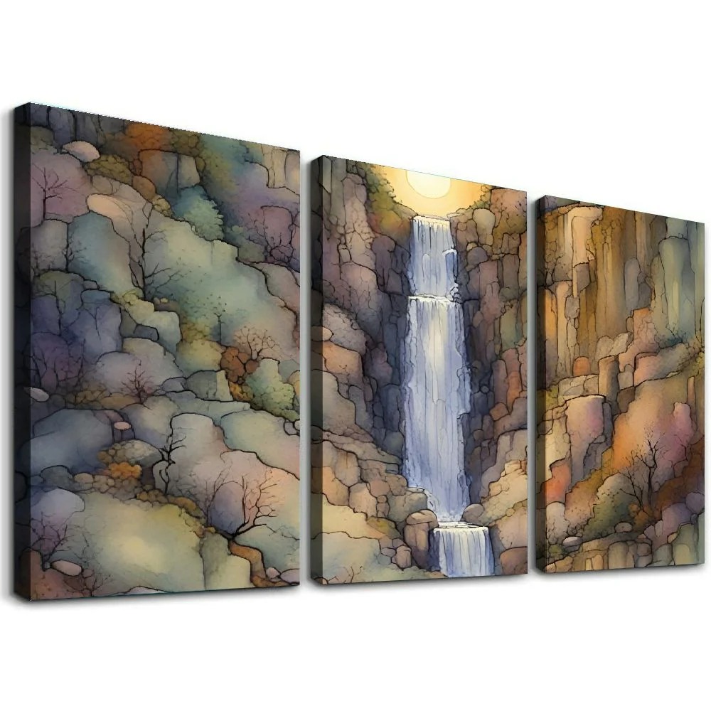 Jiayy Rocks Waterfall Wall Art Decor Canvas Print Picture Artwork for Bedroom Kitchen Office Home Wall Decor Framed Ready to Hang for Home Office Decor 12x16x3pcs