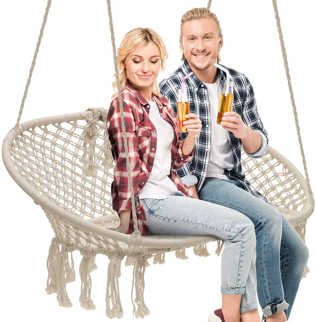 Hammock Chair Macrame Hanging Swing Bench, Perfect for Indoor, Outdoor, Teens Girl Bedroom, Home, Room, Patio, Deck, Yard, Garden, Knitted Floating Swinging Bench, (Double Swing)