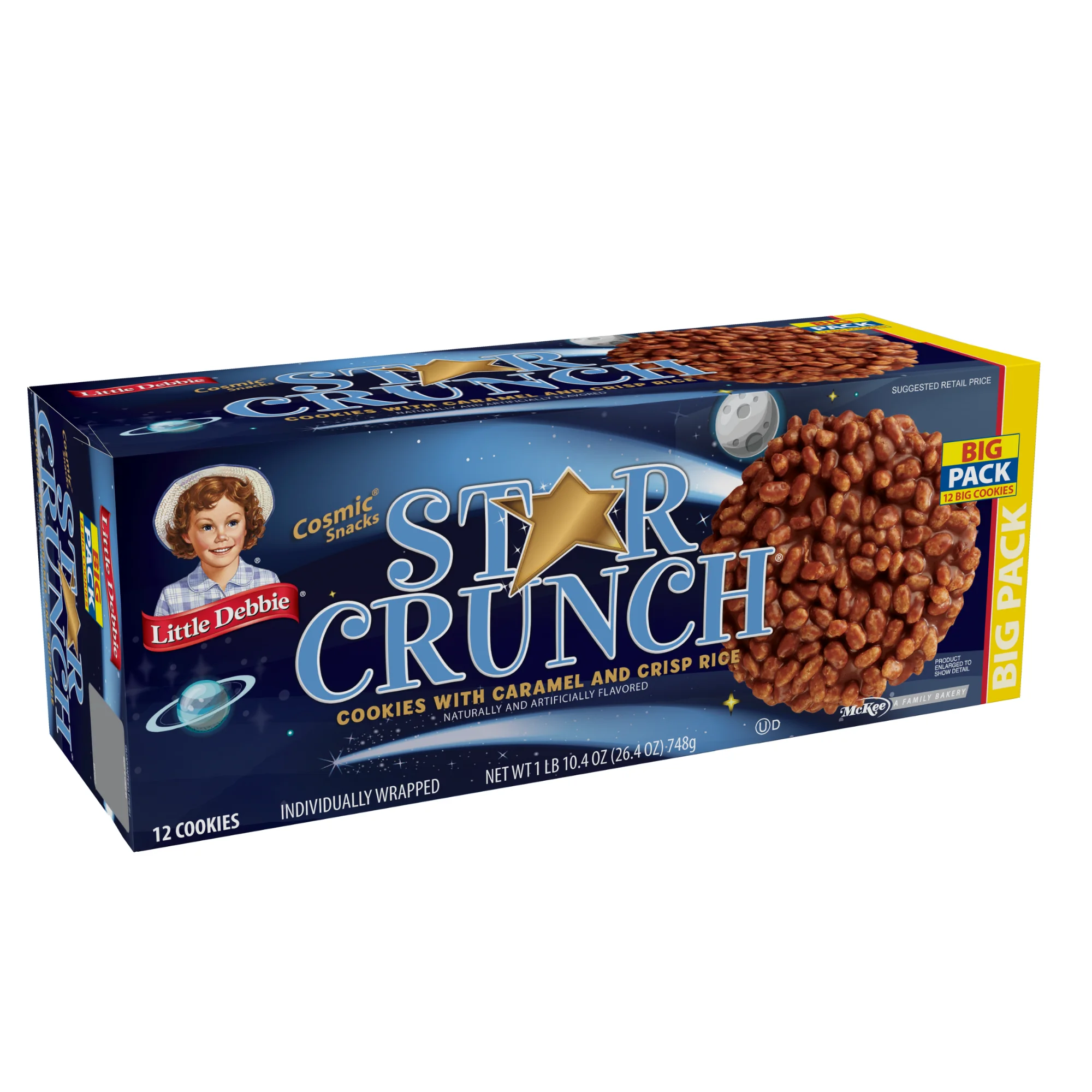 Little Debbie Star Crunch Cosmic Snacks, 3 Big Pack Boxes, 36 Individually Wrapped Cookies with Caramel and Crisp Rice