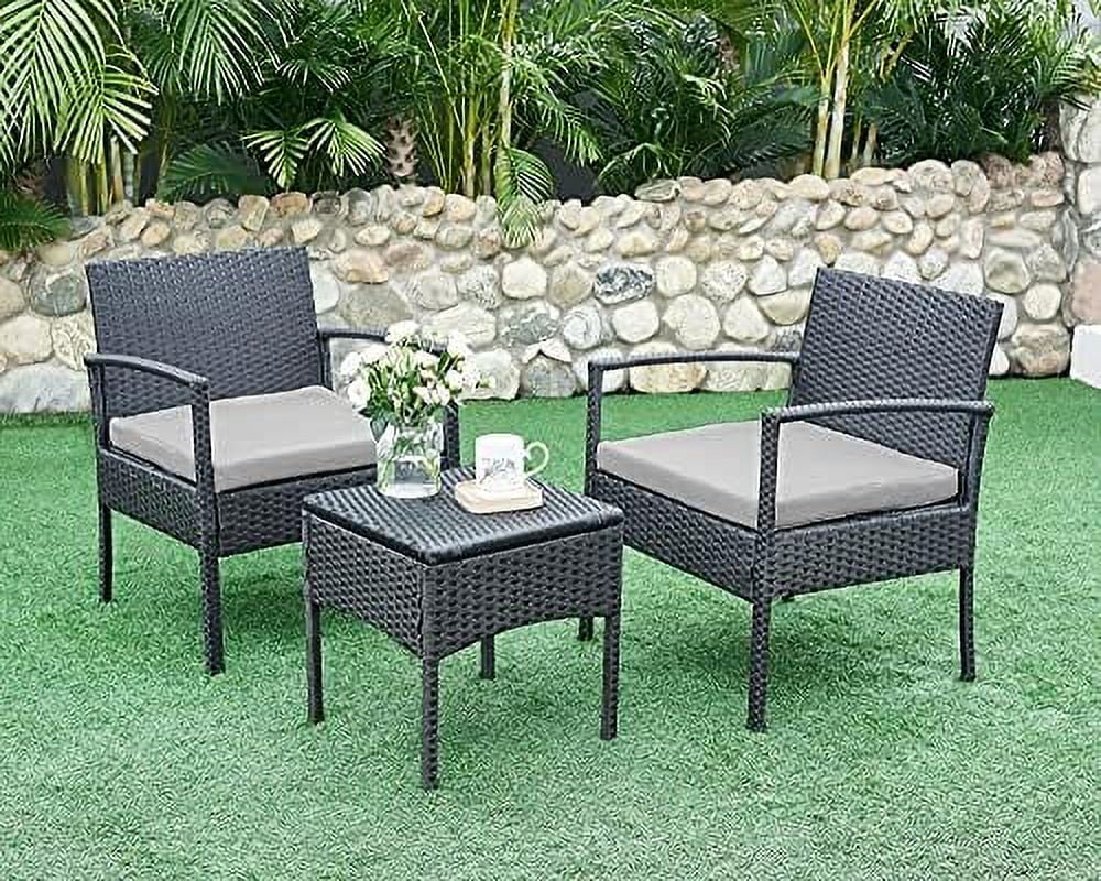 TJUNBOLIFE Outdoor Chairs Set  3 Pieces Patio Conversation Set  Set for Small Balcony Rattan Chairs and Table with Cushions Brown