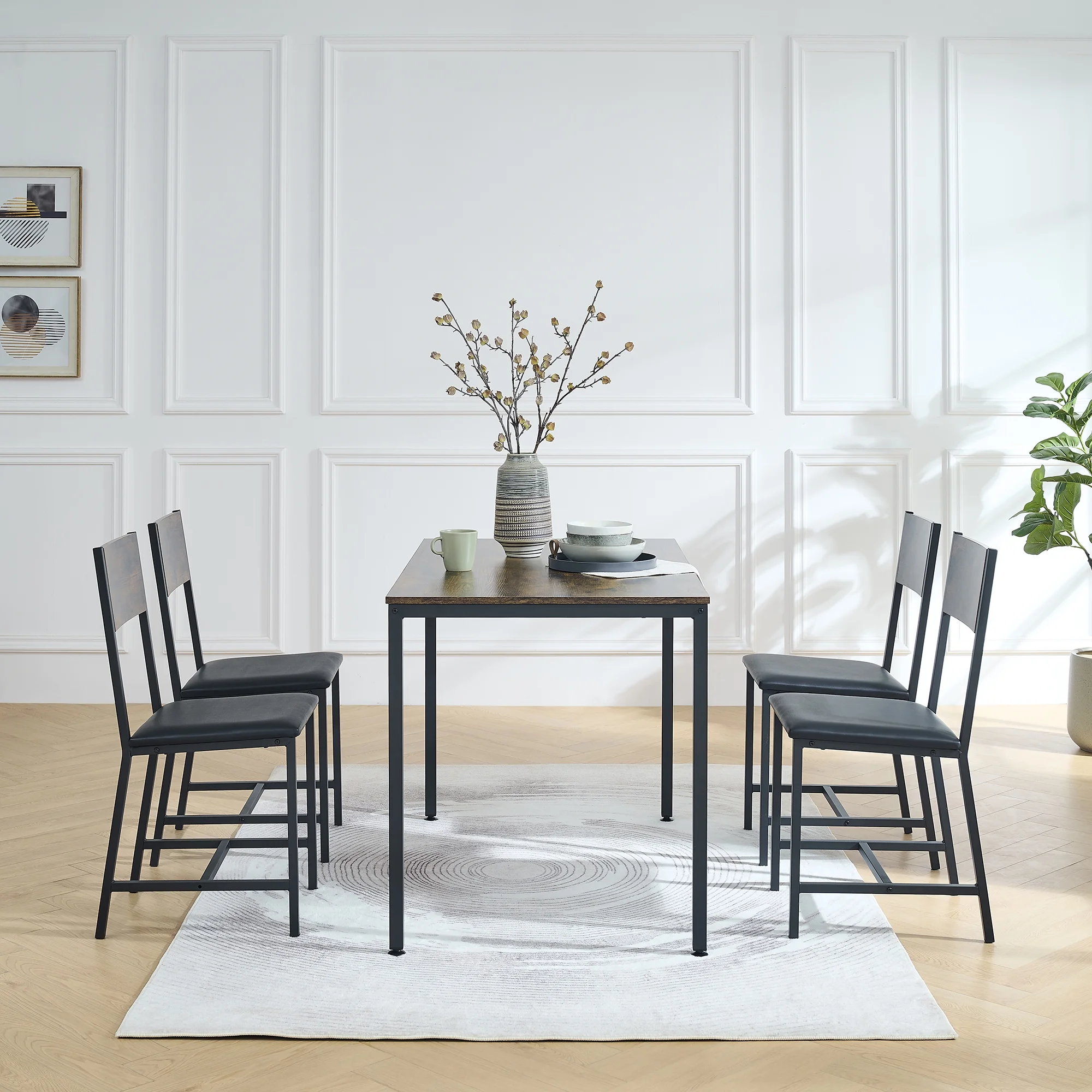 Modern 5-Piece Dining Room Set - Imitation Wood Table Board with Sturdy Metal Frame & Legs, Soft-Padded Armless Dining Chairs for Space Saving
