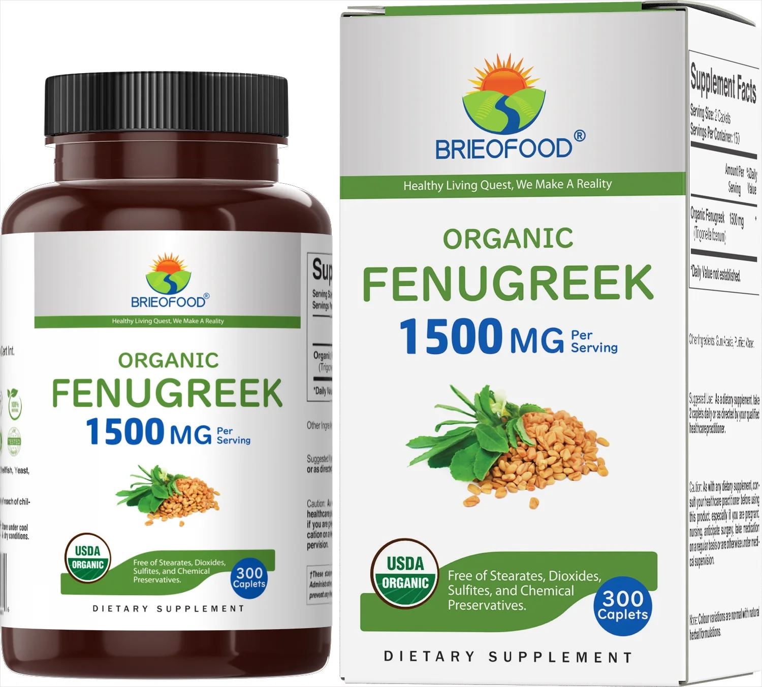 Brieofood Organic Fenugreek 1500mg, 150 Servings, Vegetarian, Gluten Free, 300 Vegetarian Tablets