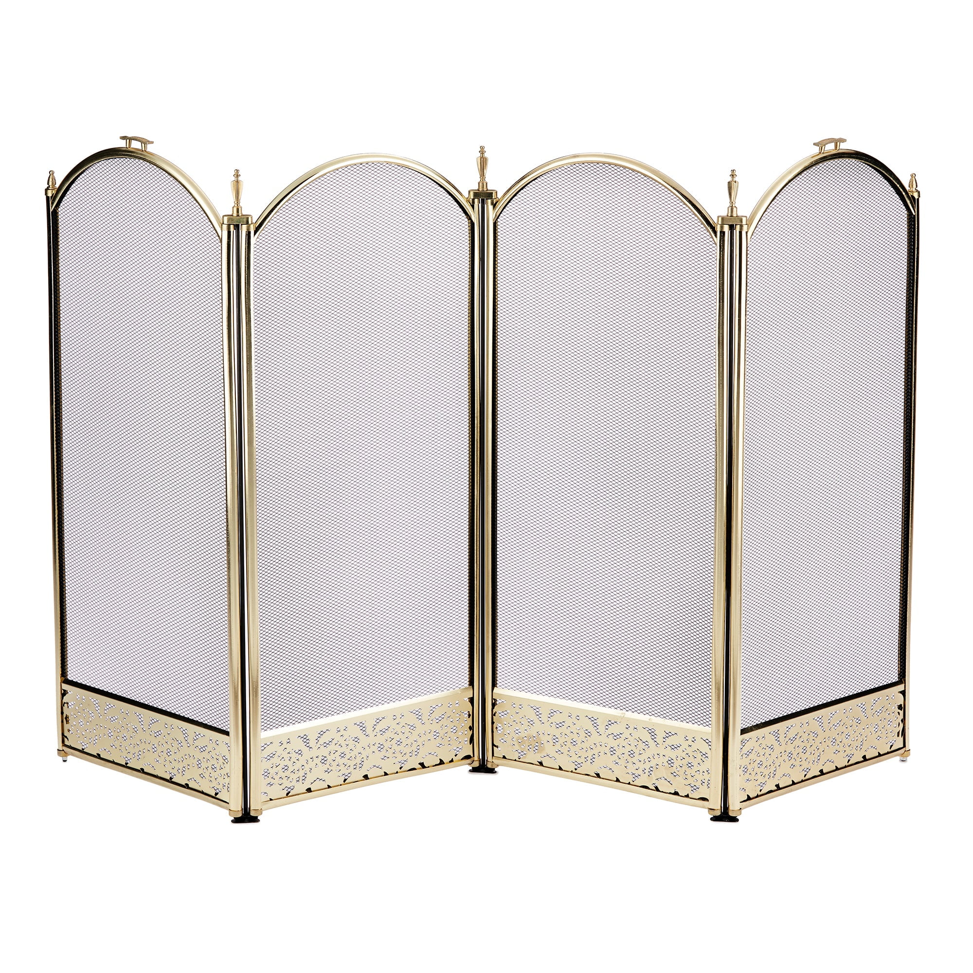 UniFlame 4 Panel Polished Brass Finish Screen with Decorative Filigree