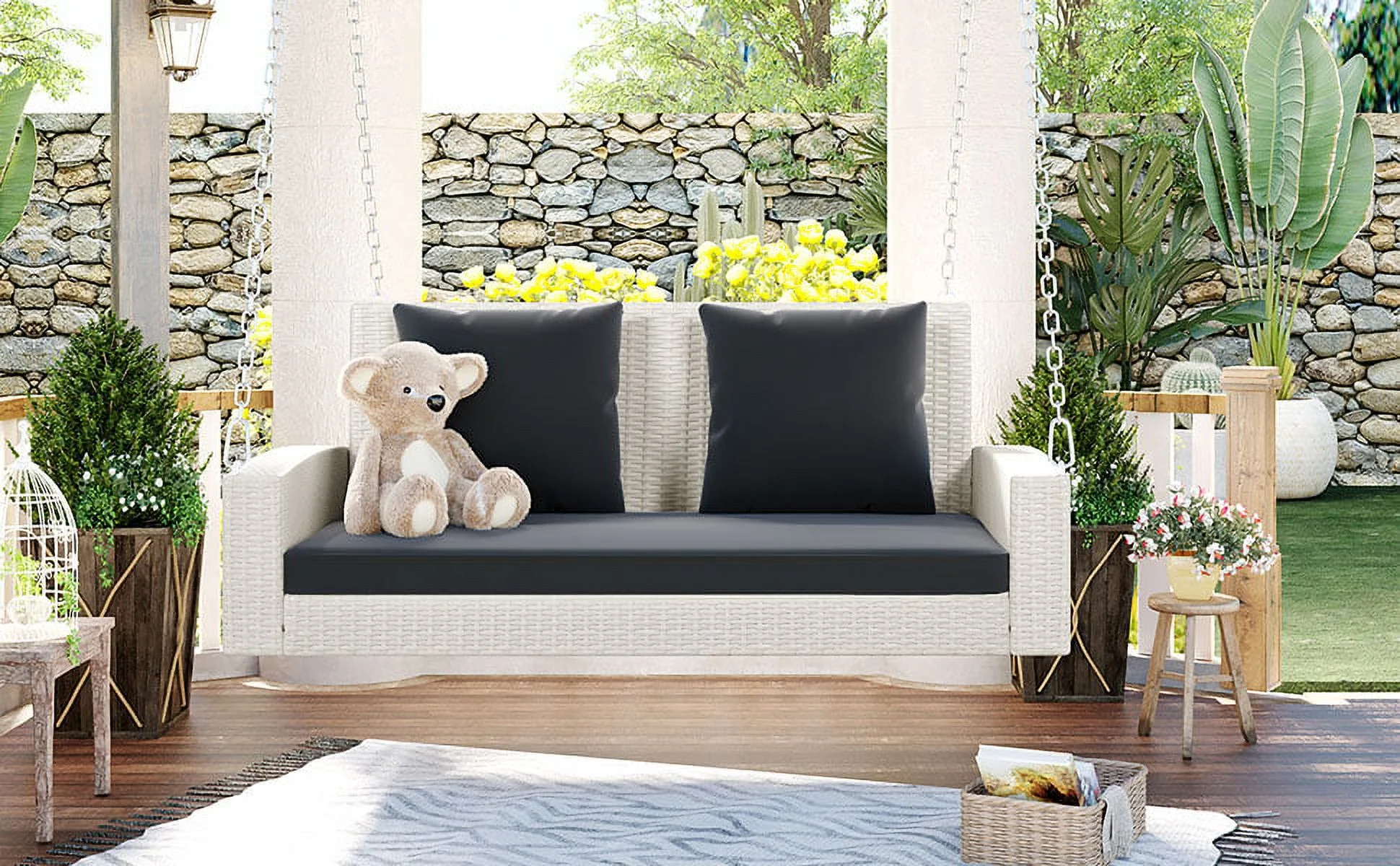 Luxury 2-Person Wicker Porch Swing with Cushion and Pillows - Weather-Resistant Outdoor Swing for Porch, Backyard, or Patio