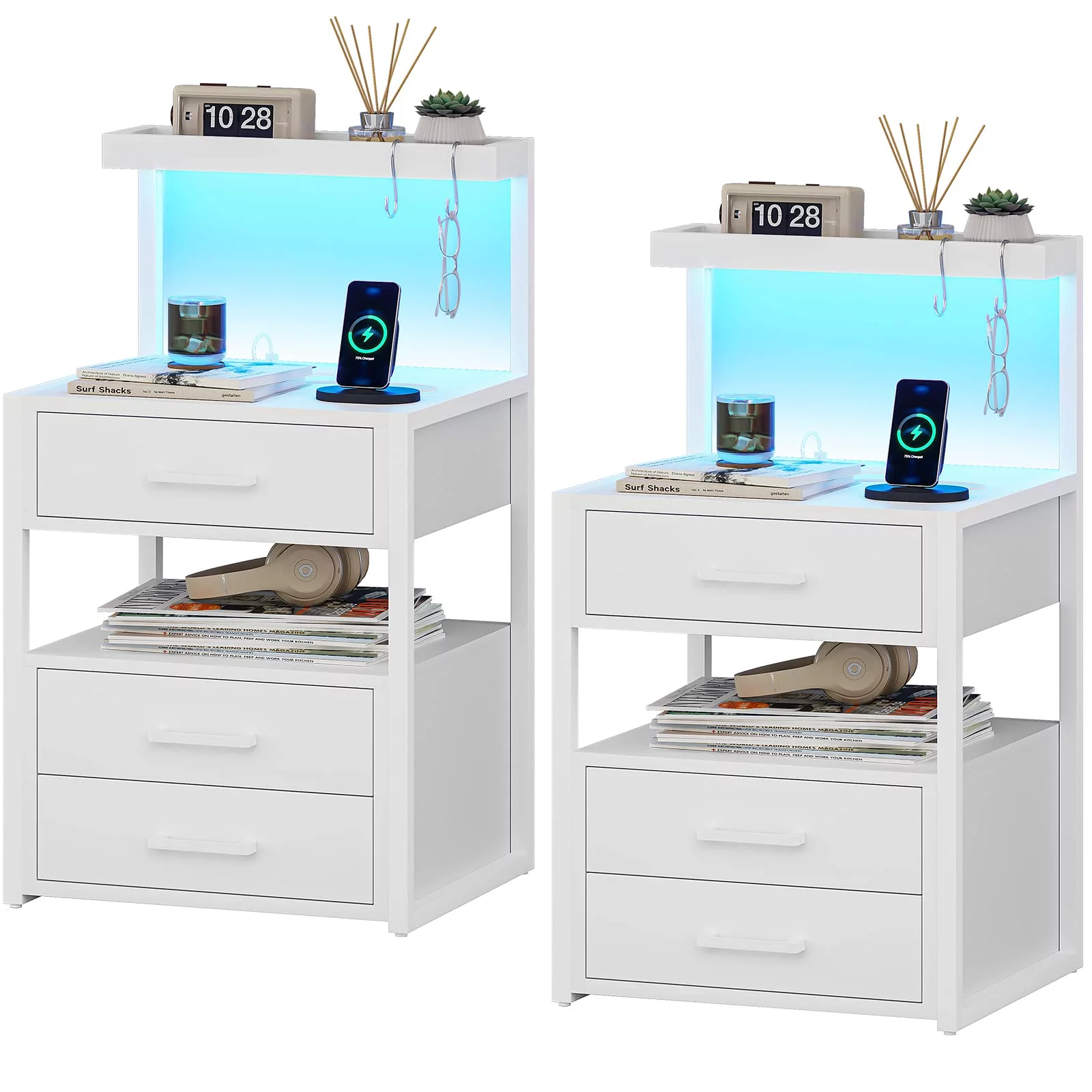 LED Nightstand Set of 2 with 3 Drawers&Charging Station&Led Lights, Modern Bedside Table for Bedroom Living Room, White