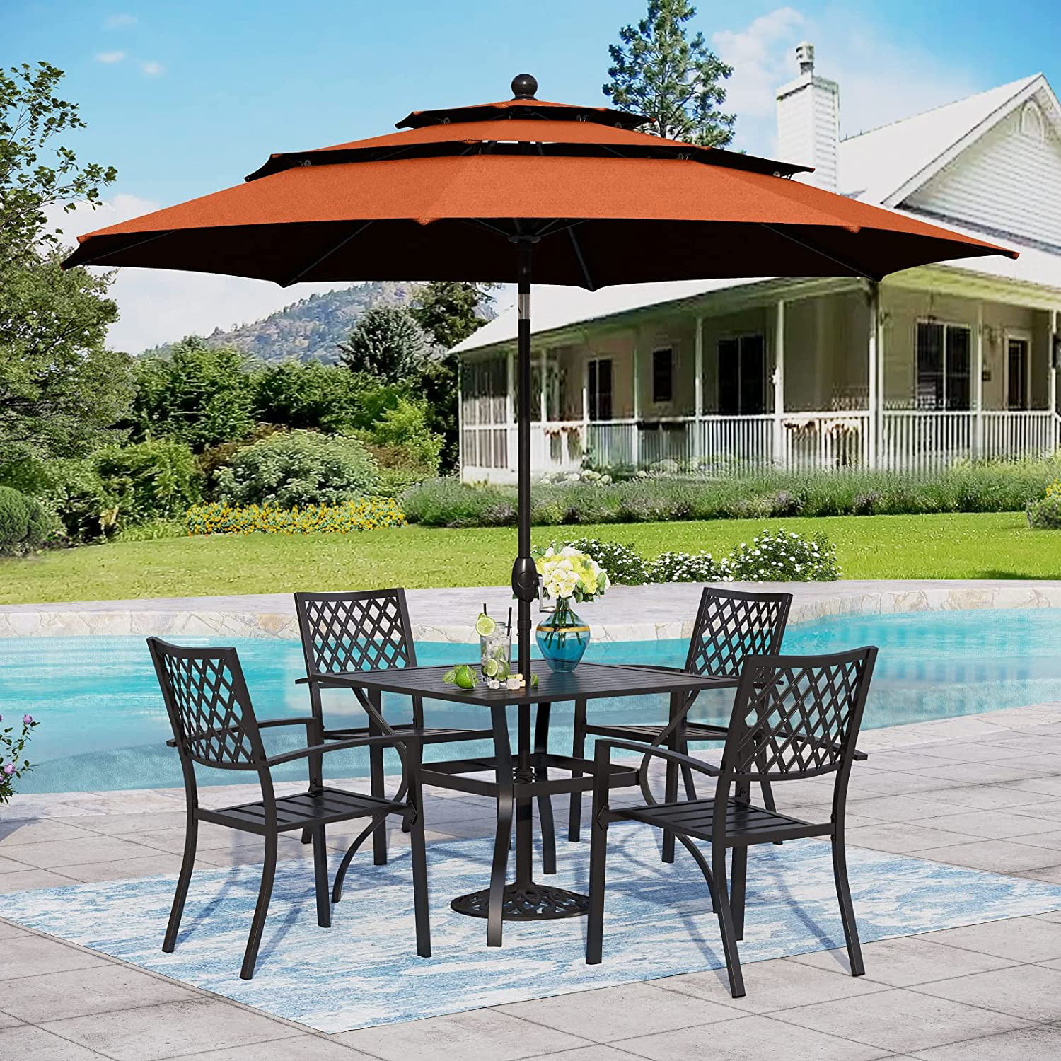 & William Patio Dining Set with 13ft Double-Sided Patio Umbrella  8 Piece Metal Outdoor Table Furniture Set with 6 Outdoor Stackable Chairs  1 Rectangle Dining Table and 1 Large Beige
