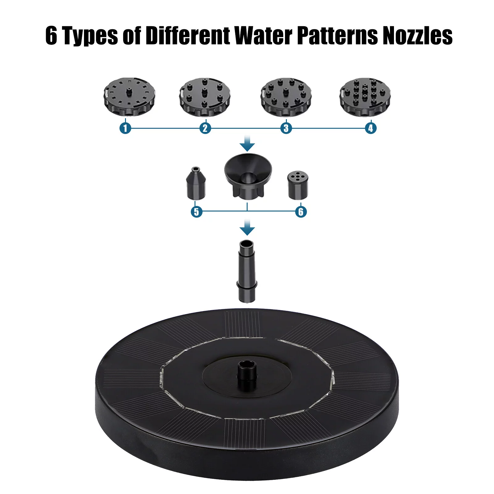 1W Solar Fountain Pump with 6 Nozzles Free Standing Water Pump Fountain for Bird Bath Aquarium Pool Fish Tank Garden Samll Pond