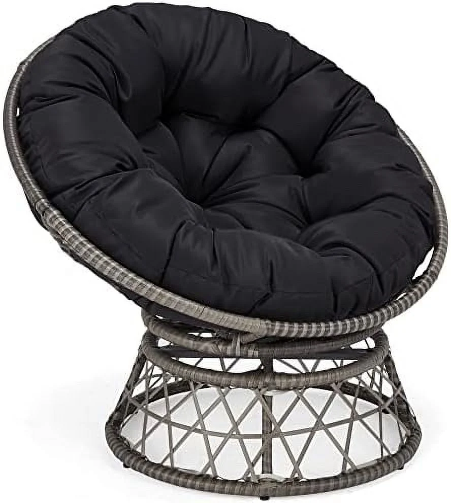 QYFZBIM 36.6" Wicker Papasan Circle Chair  ° Swivel Living Room Chair  Indoor Outdoor Rattan Chair with Thick Cushion  Ideal for Teenagers    Black Frame with Blue Cushion