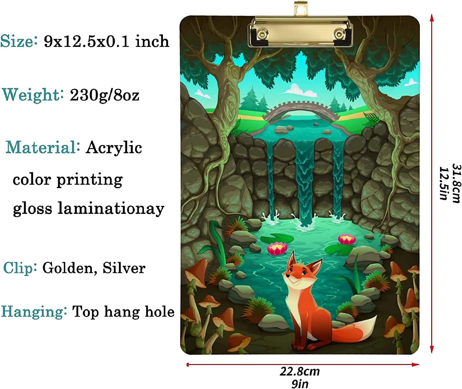 FMSHPON Forest Cute Red Fox Near Pond Clipboard Hardboard Wood Nursing Clip Board and Pull for Standard A4 Letter 13x9 inches