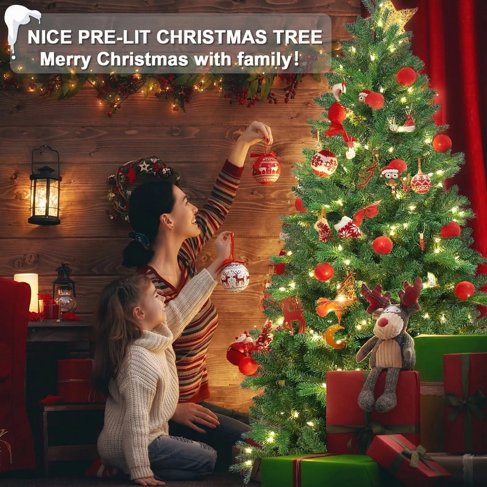 Lixhey Prelit Christmas Tree, Artificial Pencil Christmas Tree - Hinged Spruce Trees with Warm White Lights, PE&PVC Mixed Branch Tips, Metal Stand&Easy Assembly (7Ft)