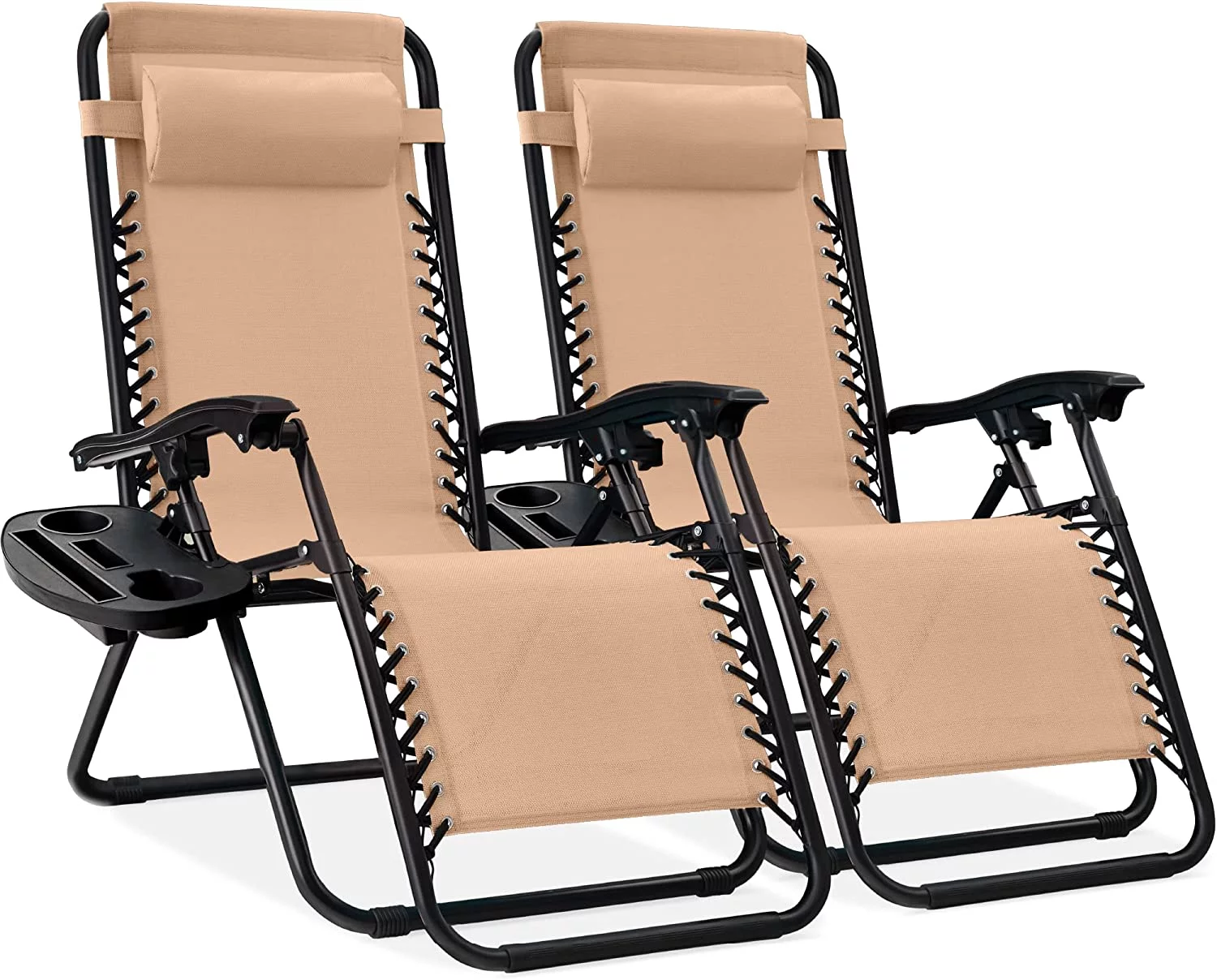 Set of 2 Adjustable Steel Mesh Zero Gravity Lounge Chair Recliners w/Pillows and Cup Holder Trays, Beige