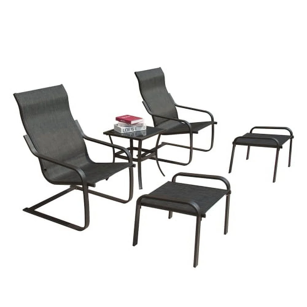 Buumin Outdoor Patio Bistro Set of 5, C Spring Motion Chair, All-Weather Conversation Armchair with Ottoman & Quick Dry Textile for Porch,Deck,Yard,Garden,Lawn(2 Chair+2 Ottoman+1 Table)