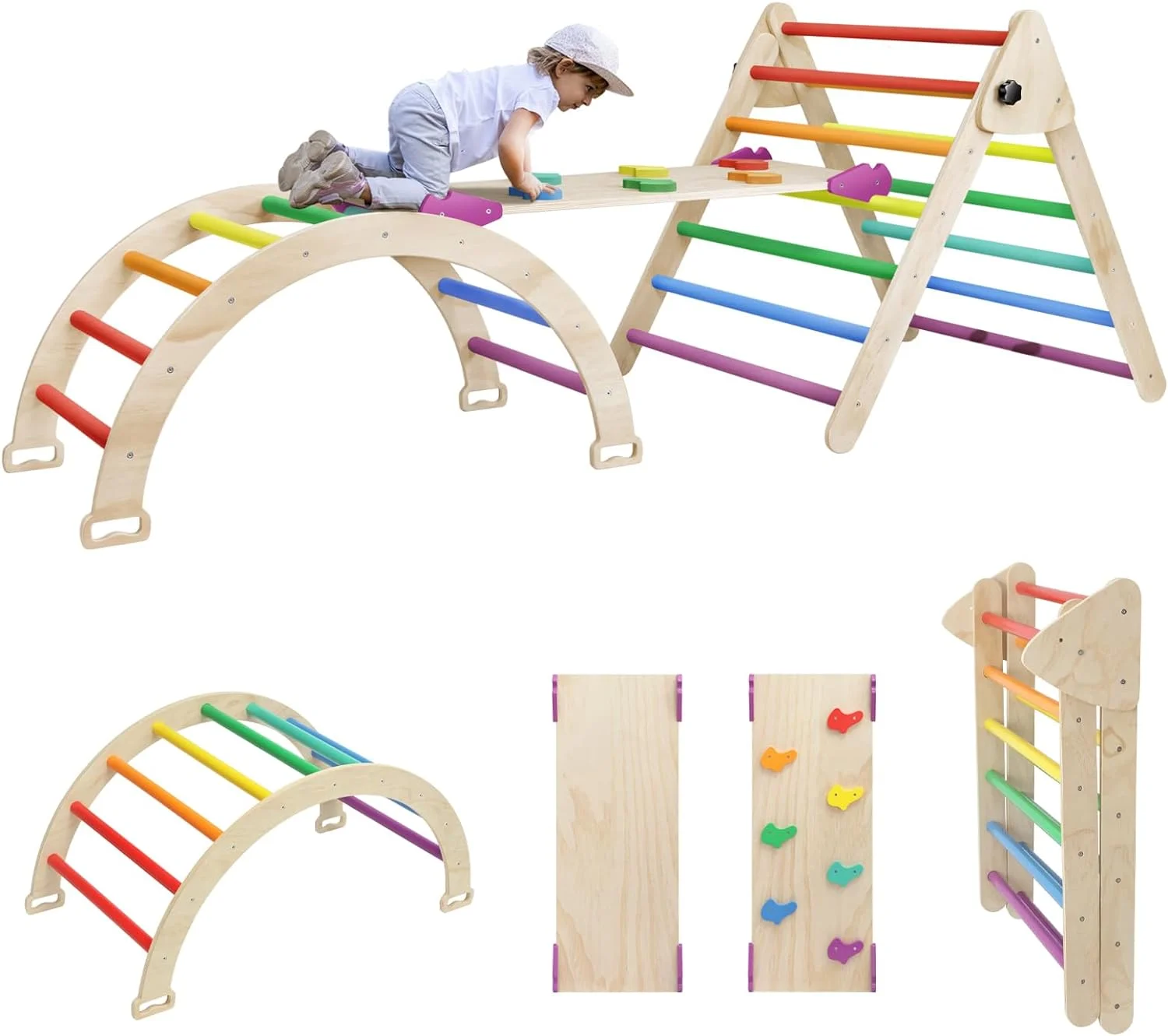 5 in 1 Pikler Triangle Set, Indoor Playground and Gym for Kids, Foldable Wooden Montessori Climbing Set Triangle Ladder Set with Slide and Climbing Ramp, Gift for Boys Girls(Rainbow)
