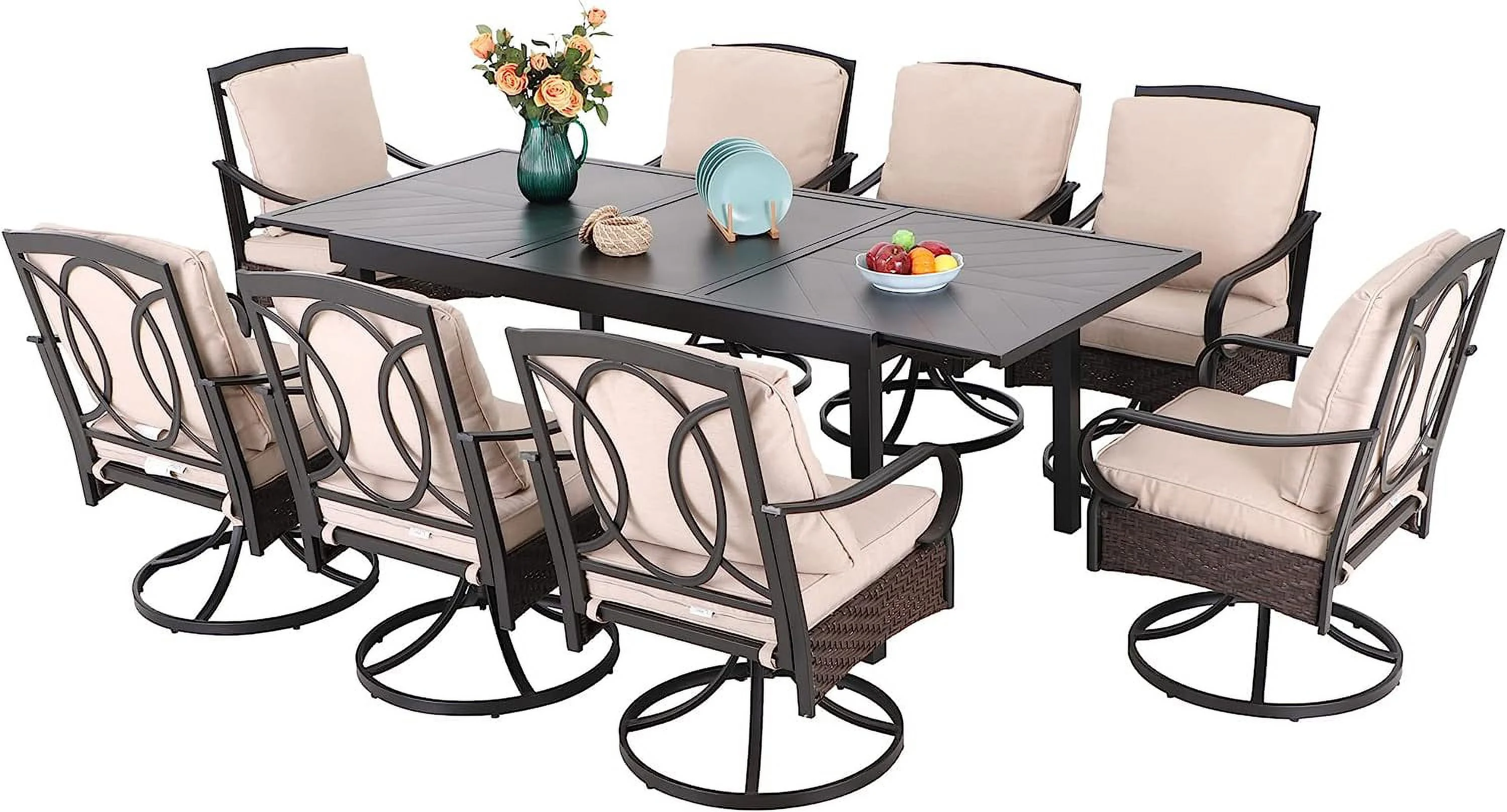 & William Patio Outdoor Dining Sets for 8  Outdoor Table Furniture Set 9 Piece- 1 Rectangular Expandable Patio Table and 8 Padded Swivel Dining Chairs
