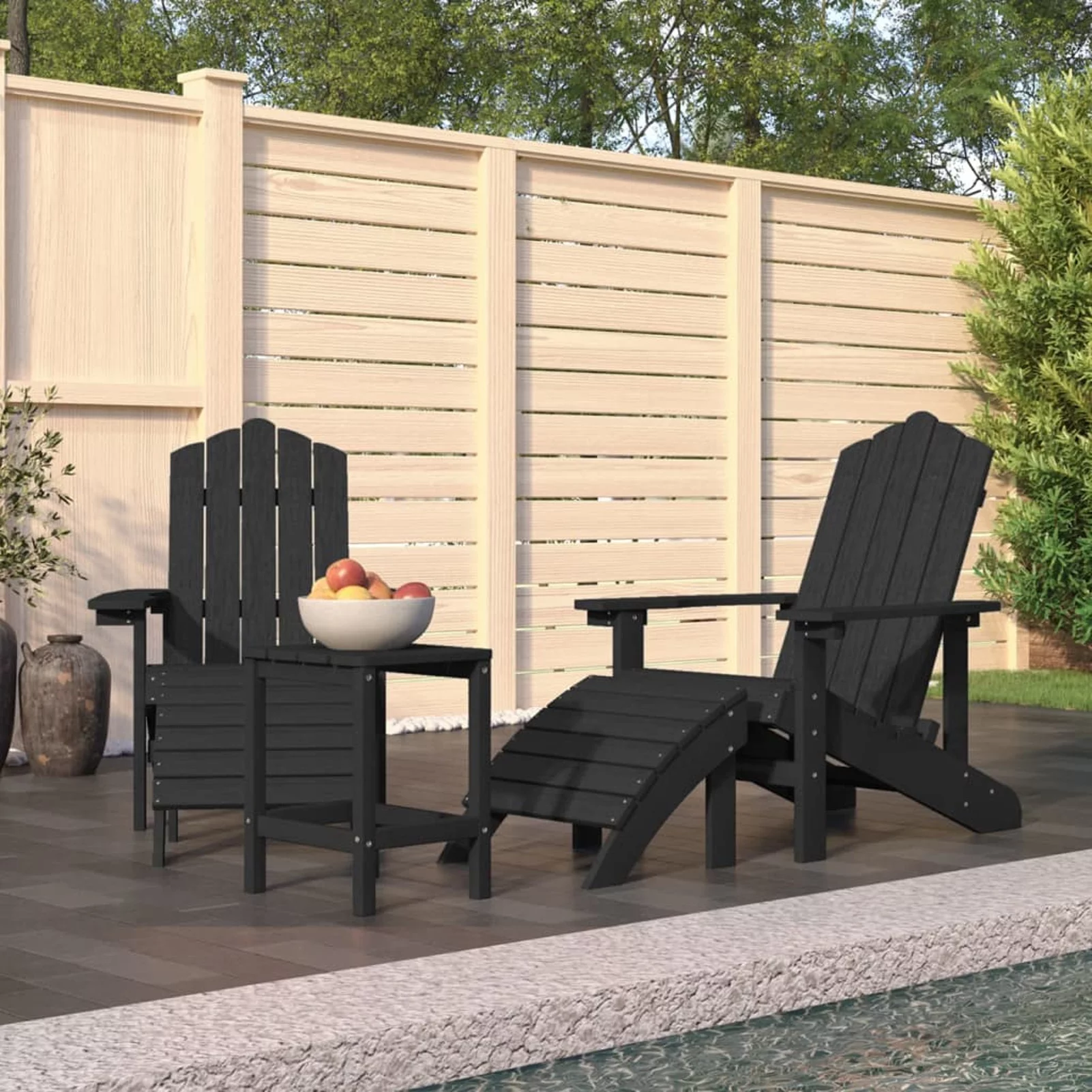 OWSOO Patio Adirondack Chairs with Footstool & Table HDPE Anthracite