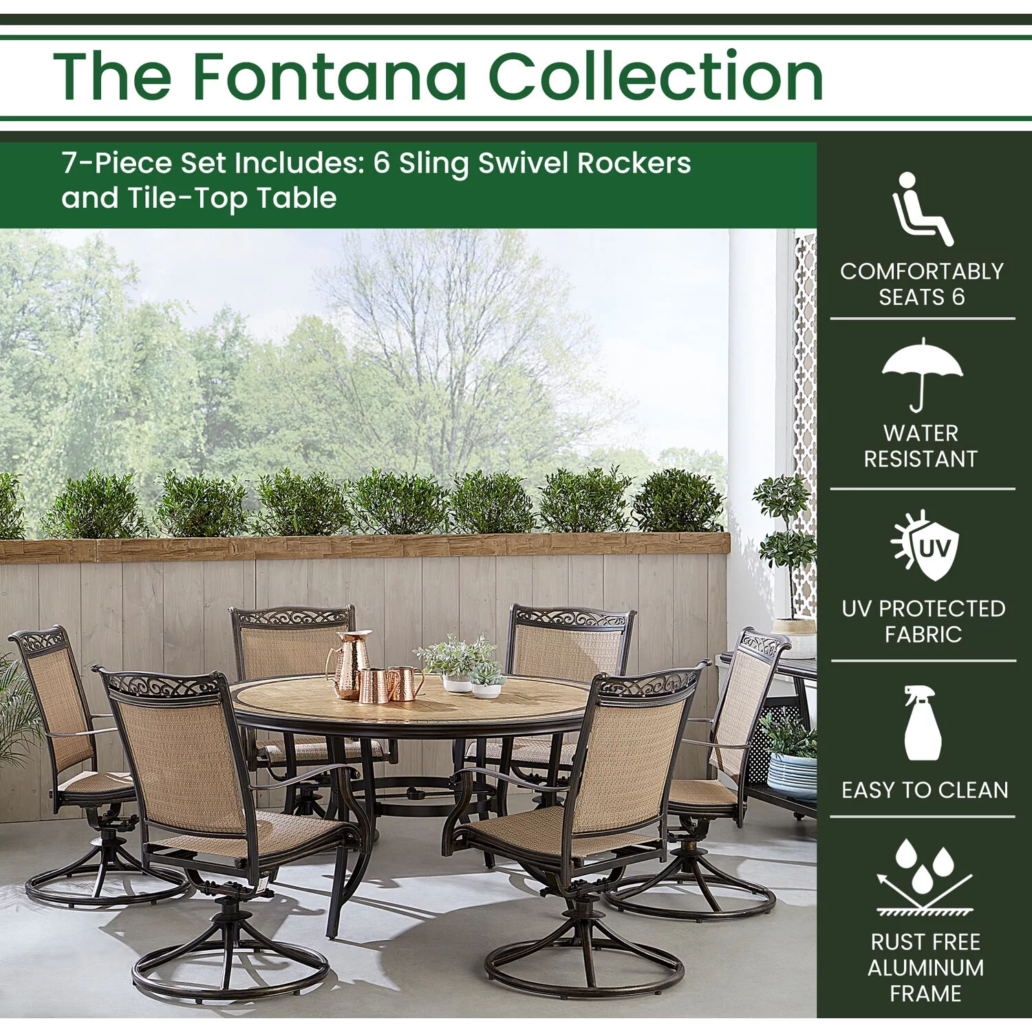Hanover Fontana 7-Piece Outdoor Dining Set with 6 Sling Swivel Rockers and a 60-in. Tile-Top Table