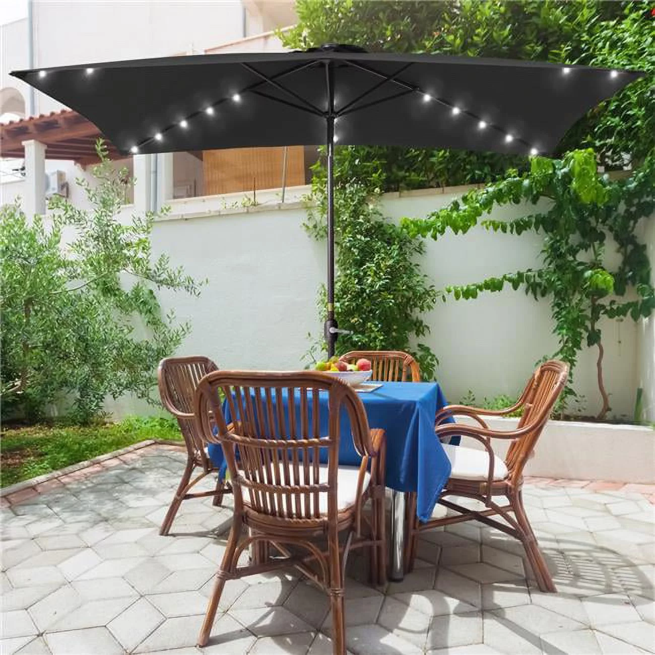 10 ft. x 6.5 ft. Rectangle Solar LED Outdoor Patio Market Table Umbrella with Push Button Tilt and Crank in Black