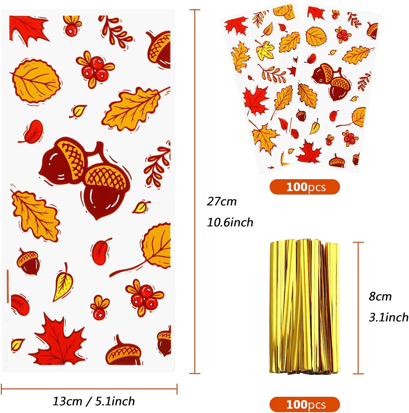 Naler 100 Count Thanksgiving Cellophane Treat Bags with Twist Ties,Clear Maple Leaf Goodie Candy Bag for Autumn Fall Party Favors