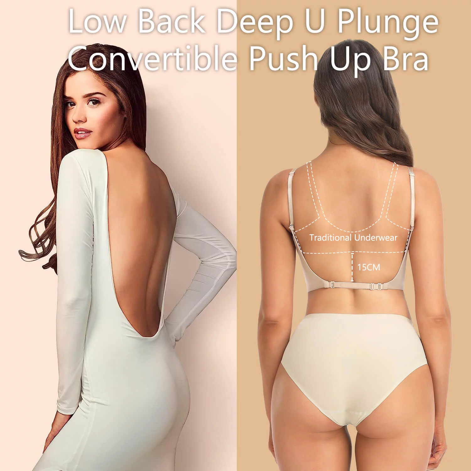 MANIFIQUE Women's Low Back Bra Wire Lifting Deep U Shaped Plunge Backless Bra with Convertible Clear Straps