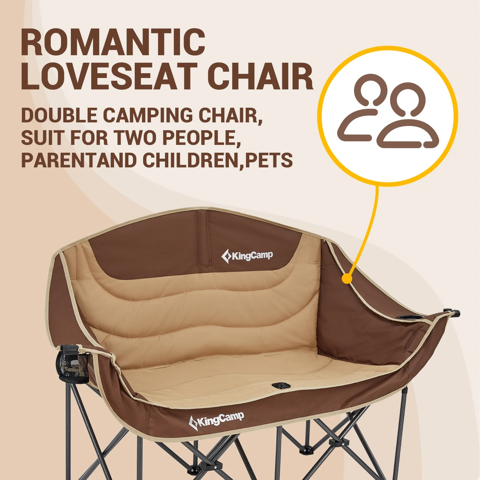 Kingcamp Loveseat Camping Chair for Adult Double Camping Chair Folding Chair for Two People Heavy Duty Support Up to 440 lbs（Khaki/Coffee）