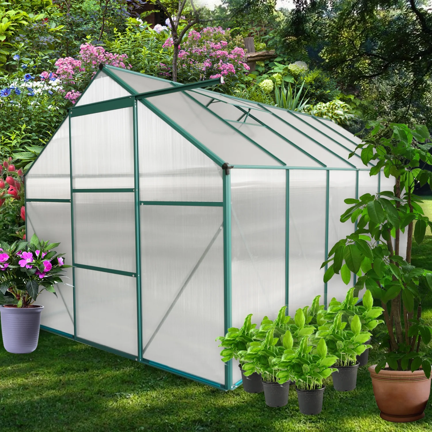 All Season Heavy Duty 6x12 FT Greenhouse with Aluminum Frame and Polycarbonate Panels - Raised Base  Anchor Walk-in Design for Outdoor Backyard Gardening Solutions