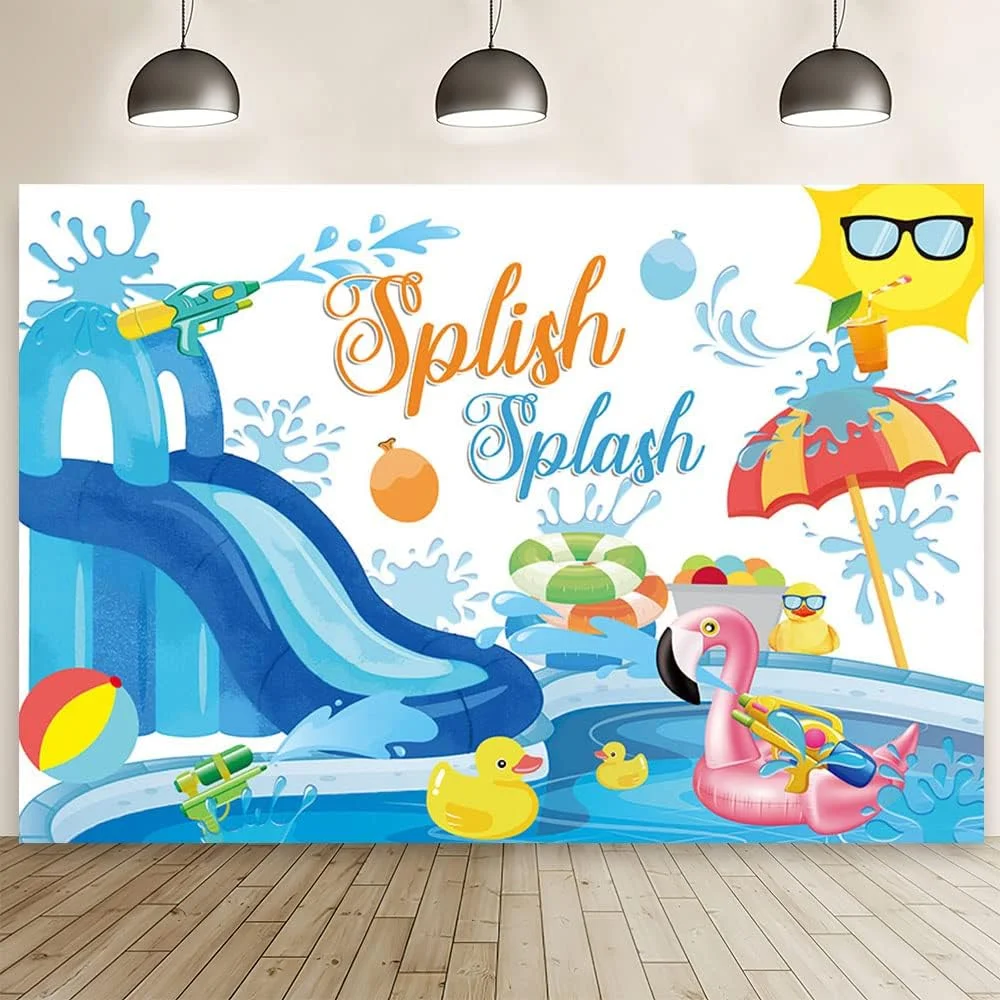 Soft Summer Splish Splash Backdrop Pool Party Blue Slide Photography Background Swiming Ball Duck Water Gun Birthday Hawaiian Flamingo Lifebuoy Holiday Decoration Photo Props