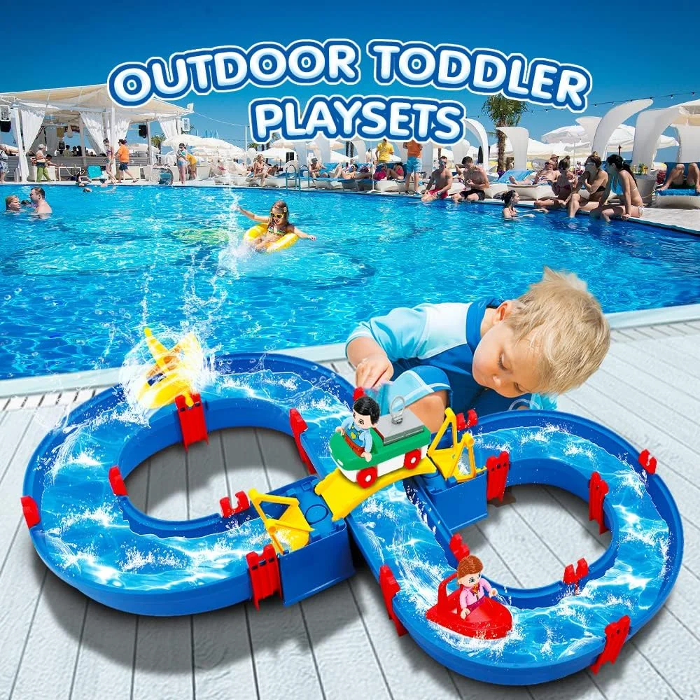 YTIANMI Outdoor Water Table Toys, Water Park Playset 50PCS DIY Table Beach Toy on Backyard, Lawn, Pool Waterway Toy with 2 Boats