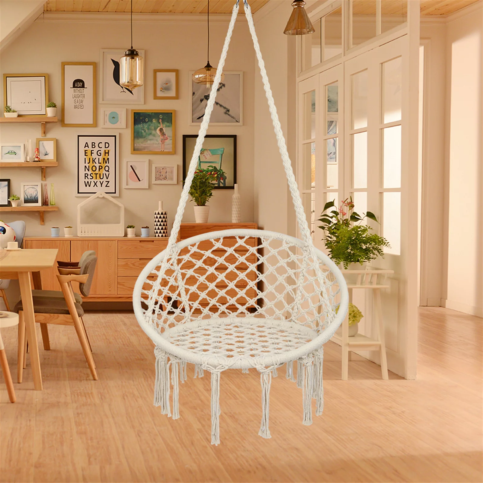 1pcs Hanging Rope Chair With Round Tassel ,Beige