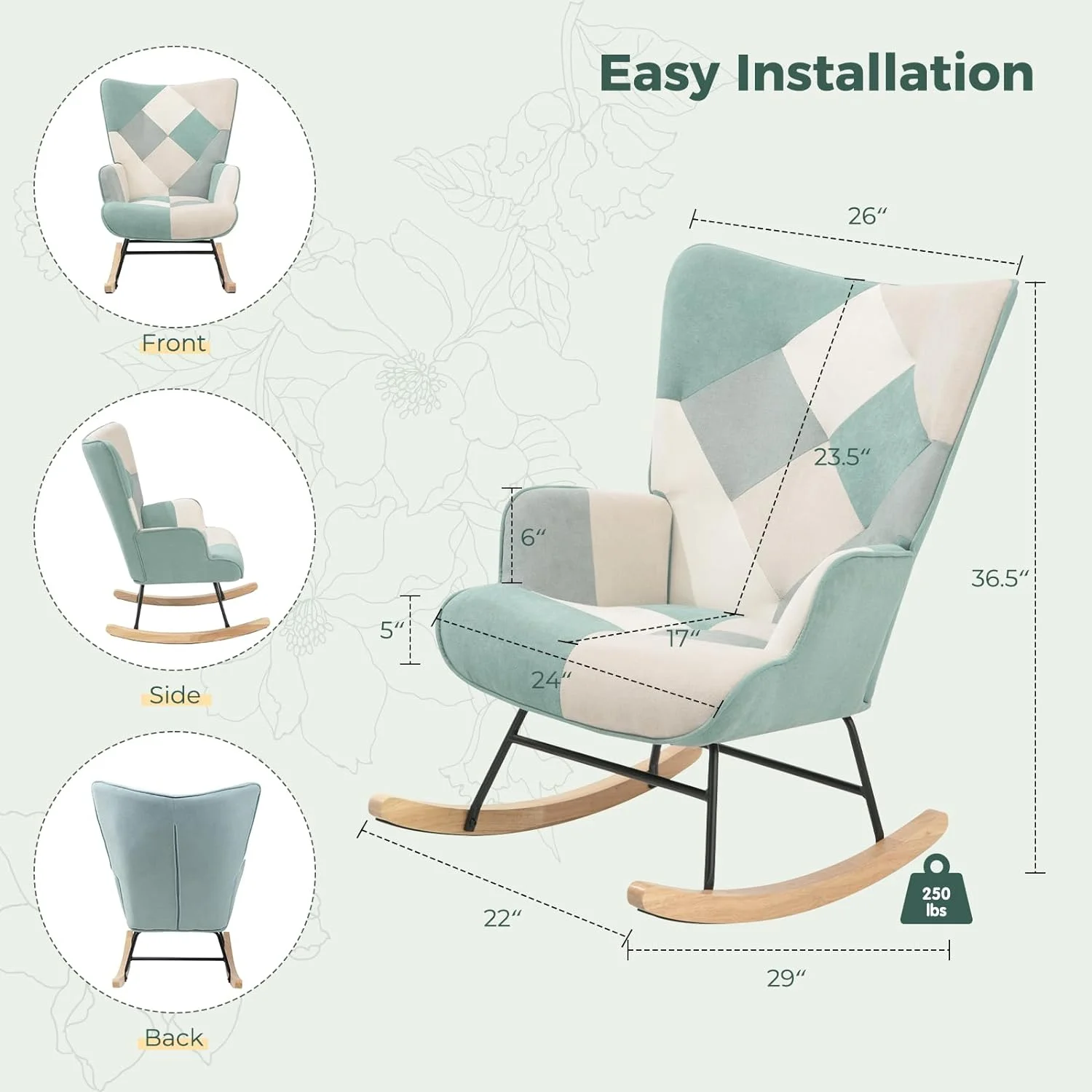 Rocking Chair Nursery, Upholstered Rocking Chair Indoor with High Backrest and Wooden Base, Modern Glider Chair for Nursery, Living Room, Bedroom, Office （Patchwork Linen Green）