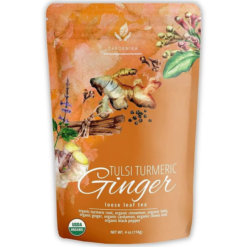 Gardenika Organic Tulsi Turmeric Ginger Loose Leaf Tea - Natural, Herbal, Caffeine-Free, Sugar-Free, Kosher - 4oz Beverage