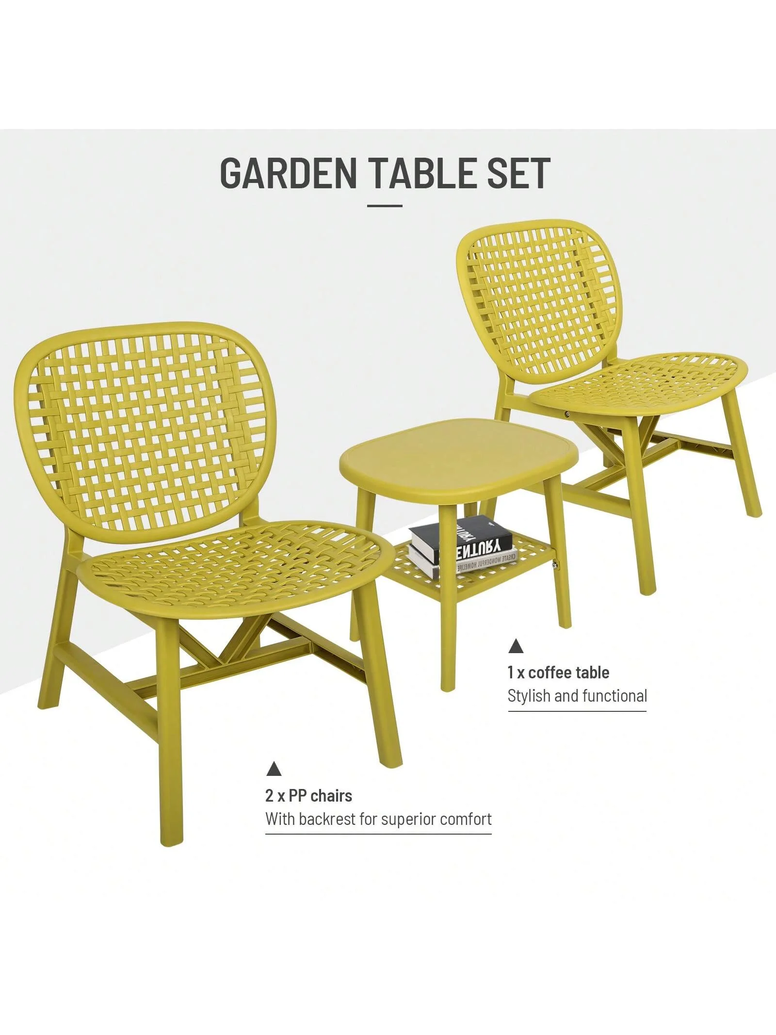 3 Pieces Hollow Design Patio Table Chair Set All Weather Conversation Bistro Set Outdoor Coffee Table with Open Shelf and Lounge Chairs with Widened Seat for Balcony Garden Yard Yellow