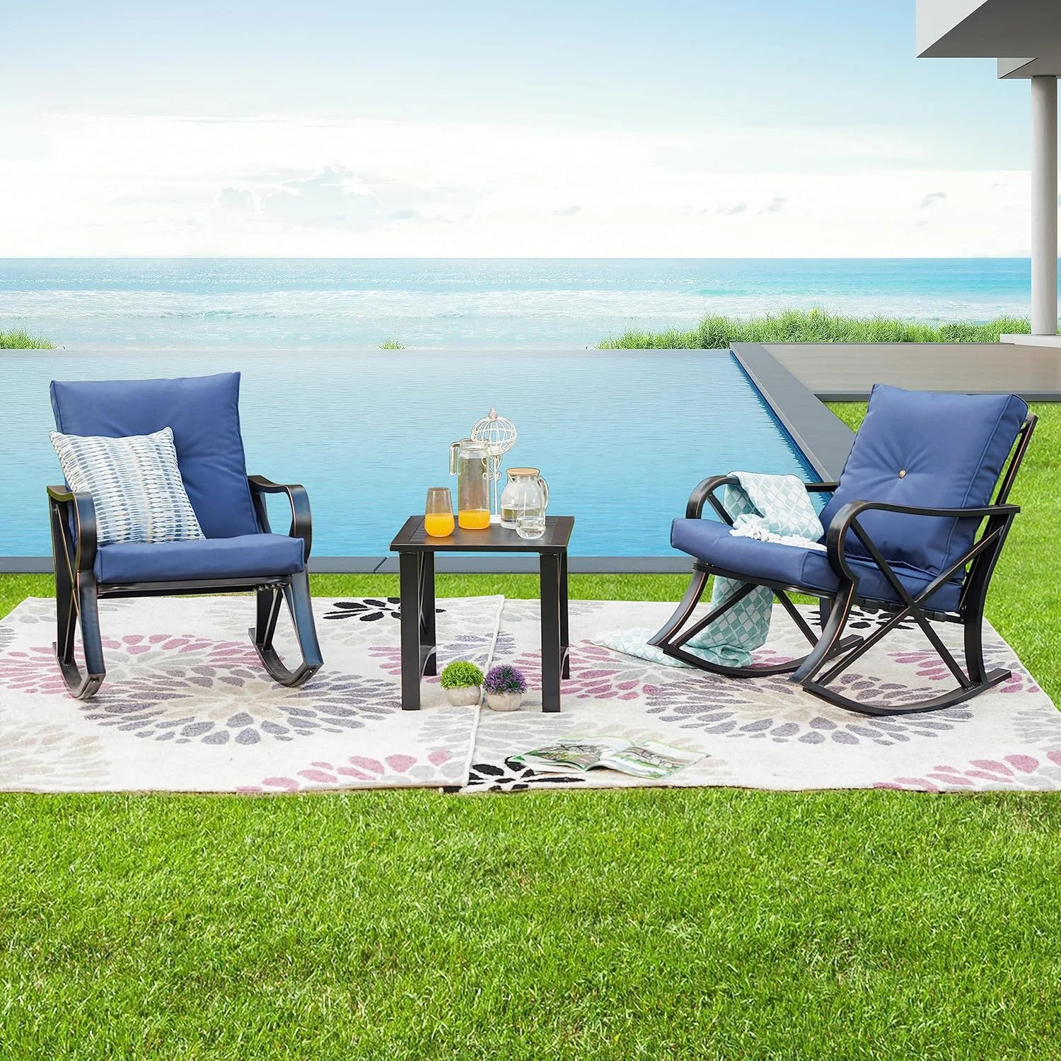Outdoor Patio Rocking Steel Furniture Bistro Set with 2 Rocker  1 Metal Square Coffee Table(Blue Thickened Cushion)