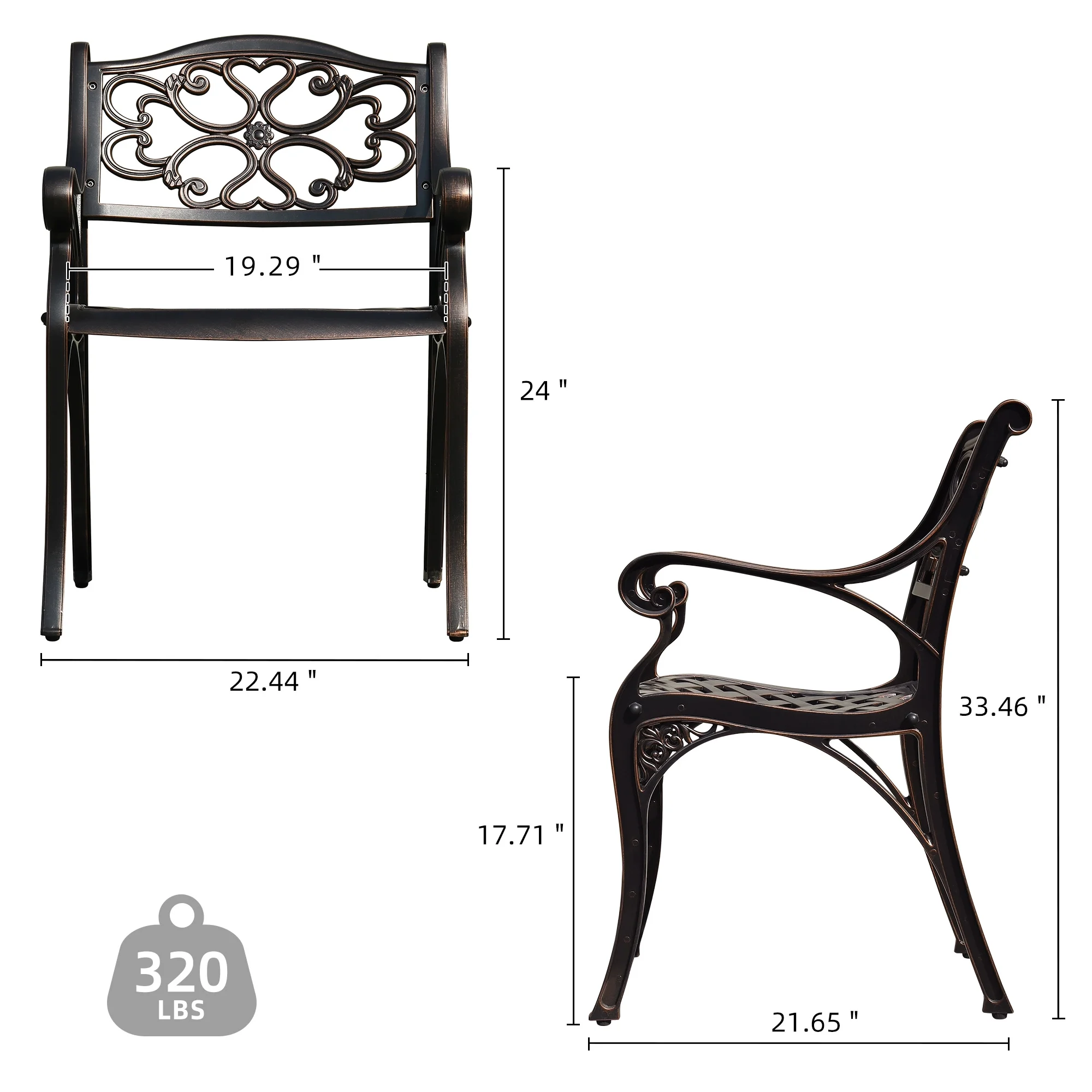 Dextrus 4 Piece Cast Aluminum Outdoor Patio Dining Set, Outdoor Patio Bistro Sets with Round Table, Bench, 2 Chairs with Adjustable Feet for Balcony, Pool, Garden, Backyard, Hammered Bronze