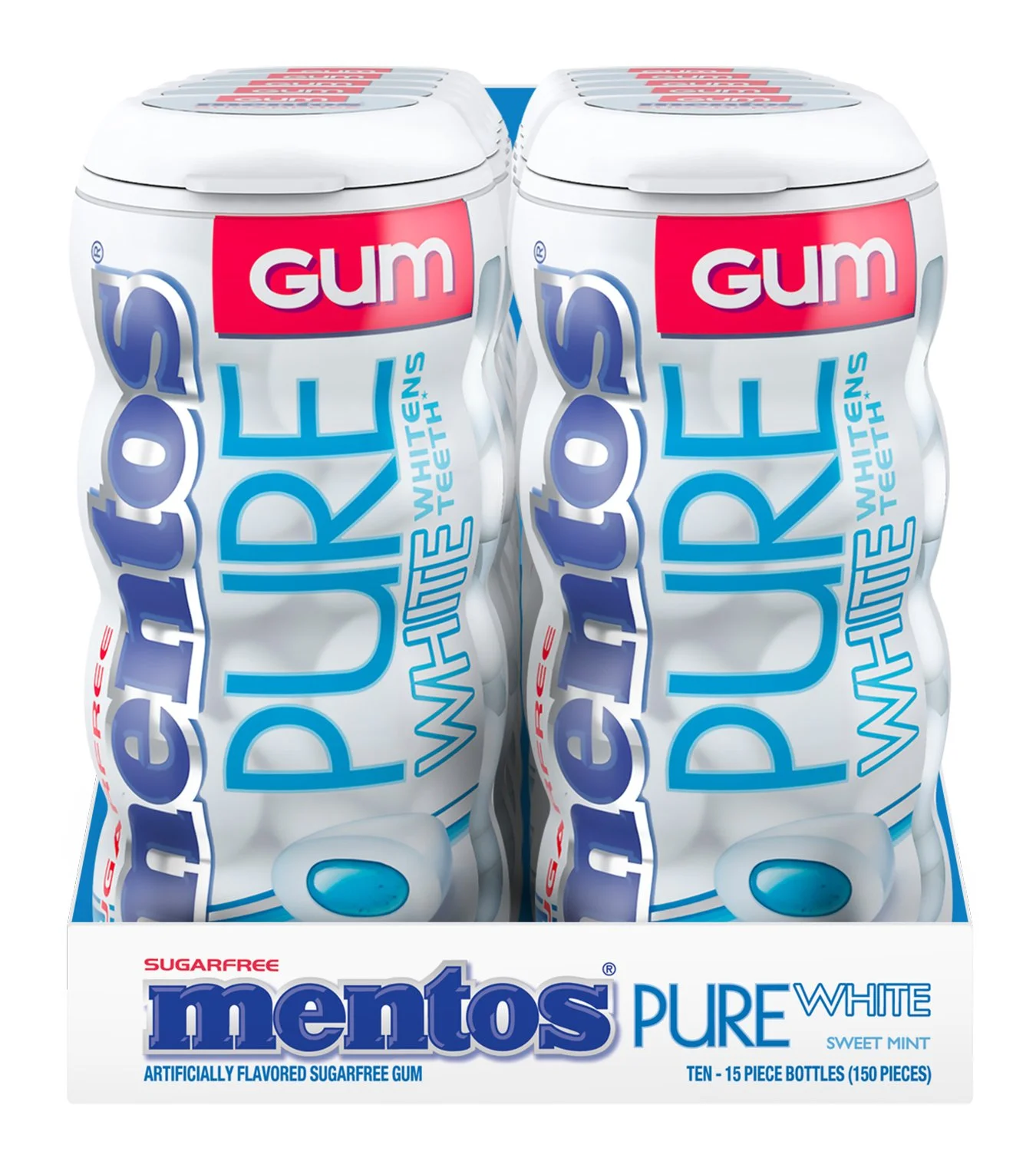 (Price/Case)Mentos Sugar Free Pure White Sweet Mint Gum 15 Pieces Per Bottle - 10 Per Pack - 12 Per Case