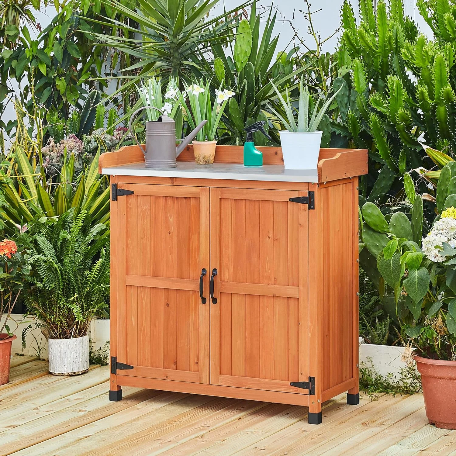 Garden Potting Bench Table, Outdoor Garden Horticultural Wooden Storage Cabinet & Solid Wood Planting Work Bench with Large Space Storage & Metal-Plated Tabletop, Brown