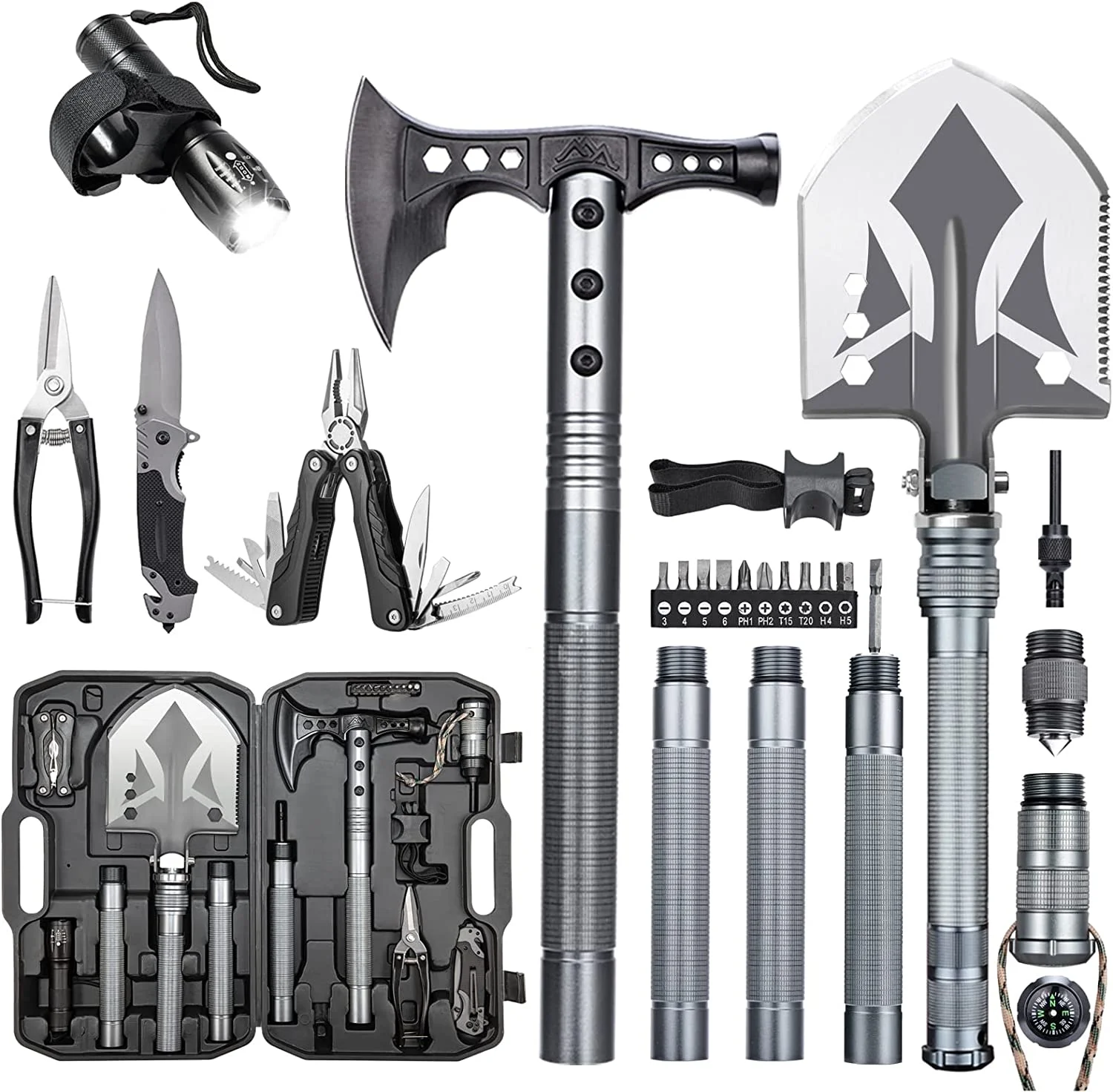 HYUN Multifunctional Folding Tactical Shovel Hatchet Combo - With Axe, Flashlight, Extension Handles - For Camping, Cycling, Hiking - 19.3-40.9 Inches