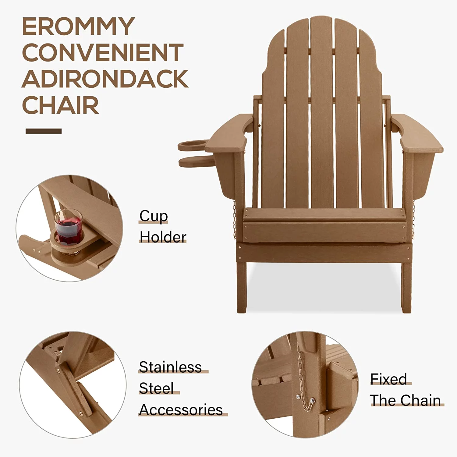 Erommy HDPE Folding Adirondack Chair with Cup, Chocolate