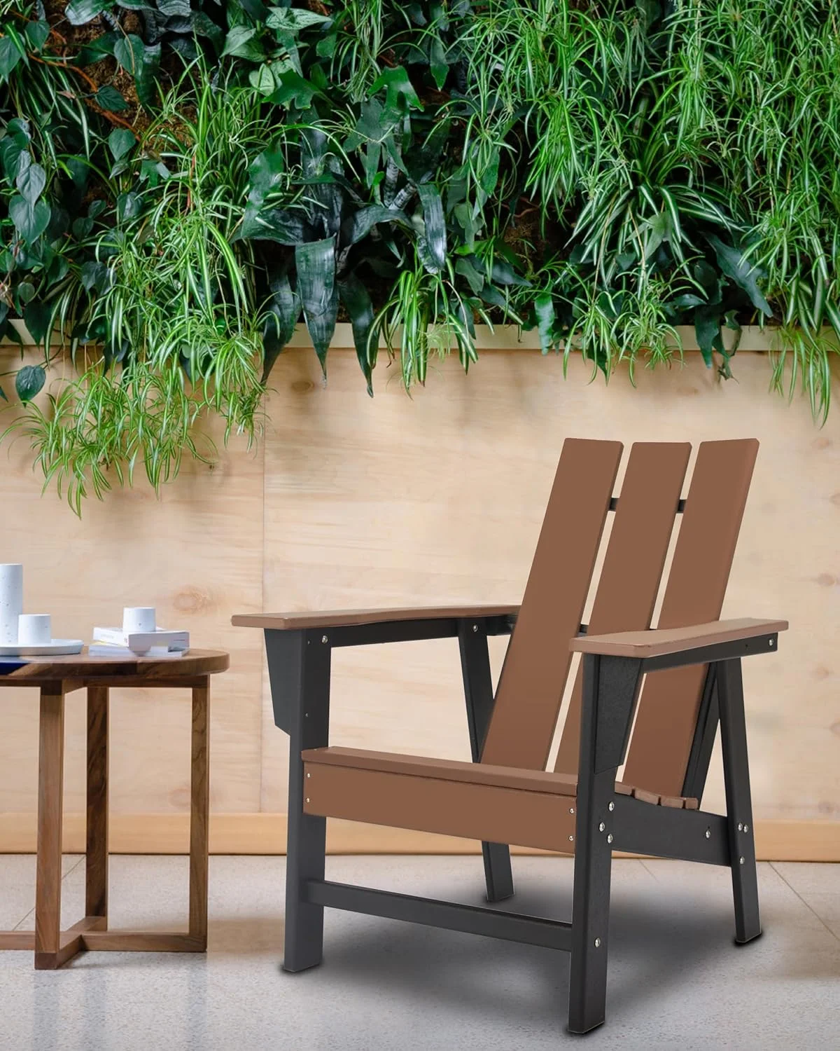 Outdoor Adirondack Chair, HDPE Plastic Patio Chairs for Fire Pits, Gardens, Decks, Seaside Weather Resistant, Waterproof, Easy to Assemble(Black+Teak)