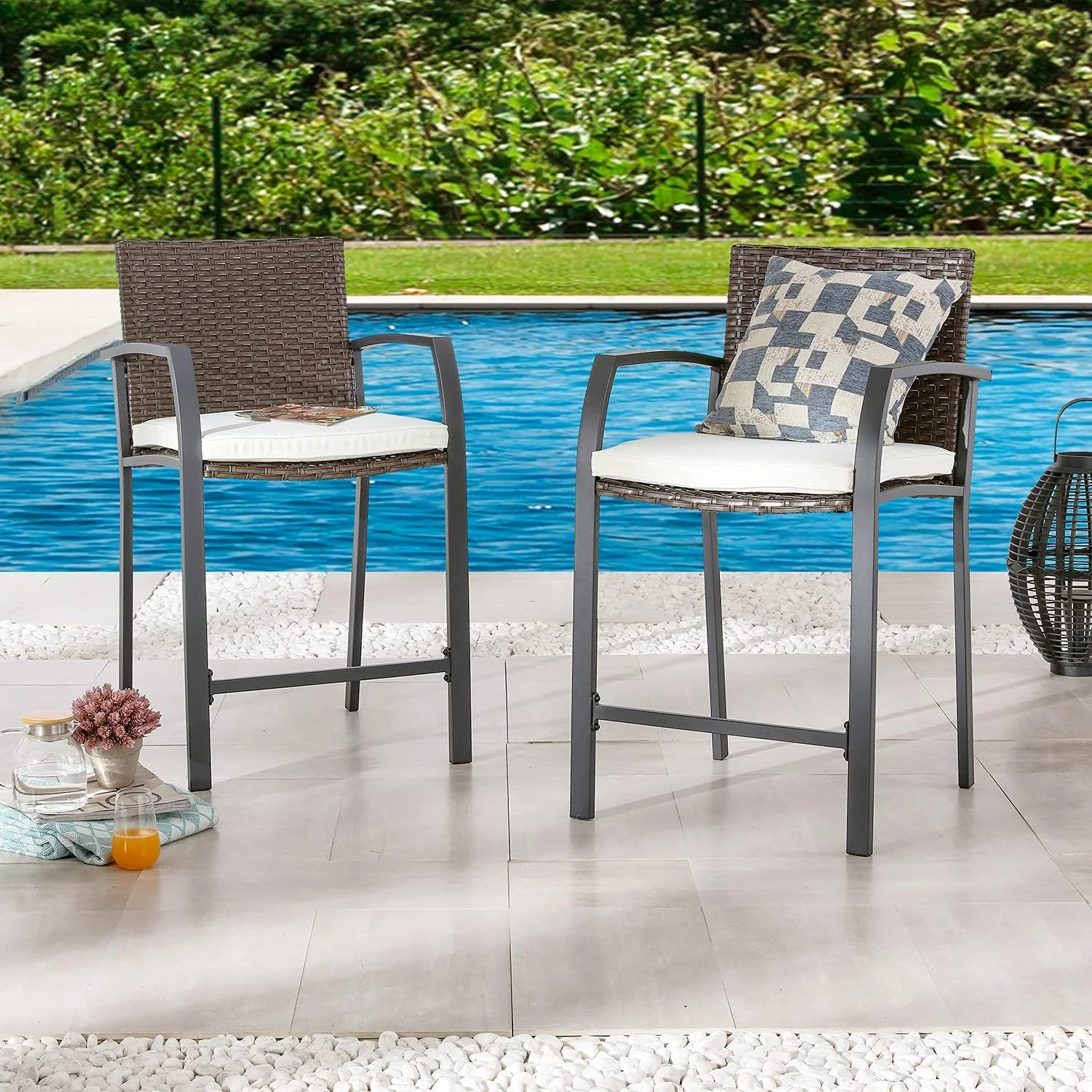 2 Pcs Wicker Bar Stools Patio Rattan Bistro Height Chairs Furniture Set with Beige Cushions, Footrests, Armrests, Metal Frame for Deck Poolside Porch Backyard (Brown Back)