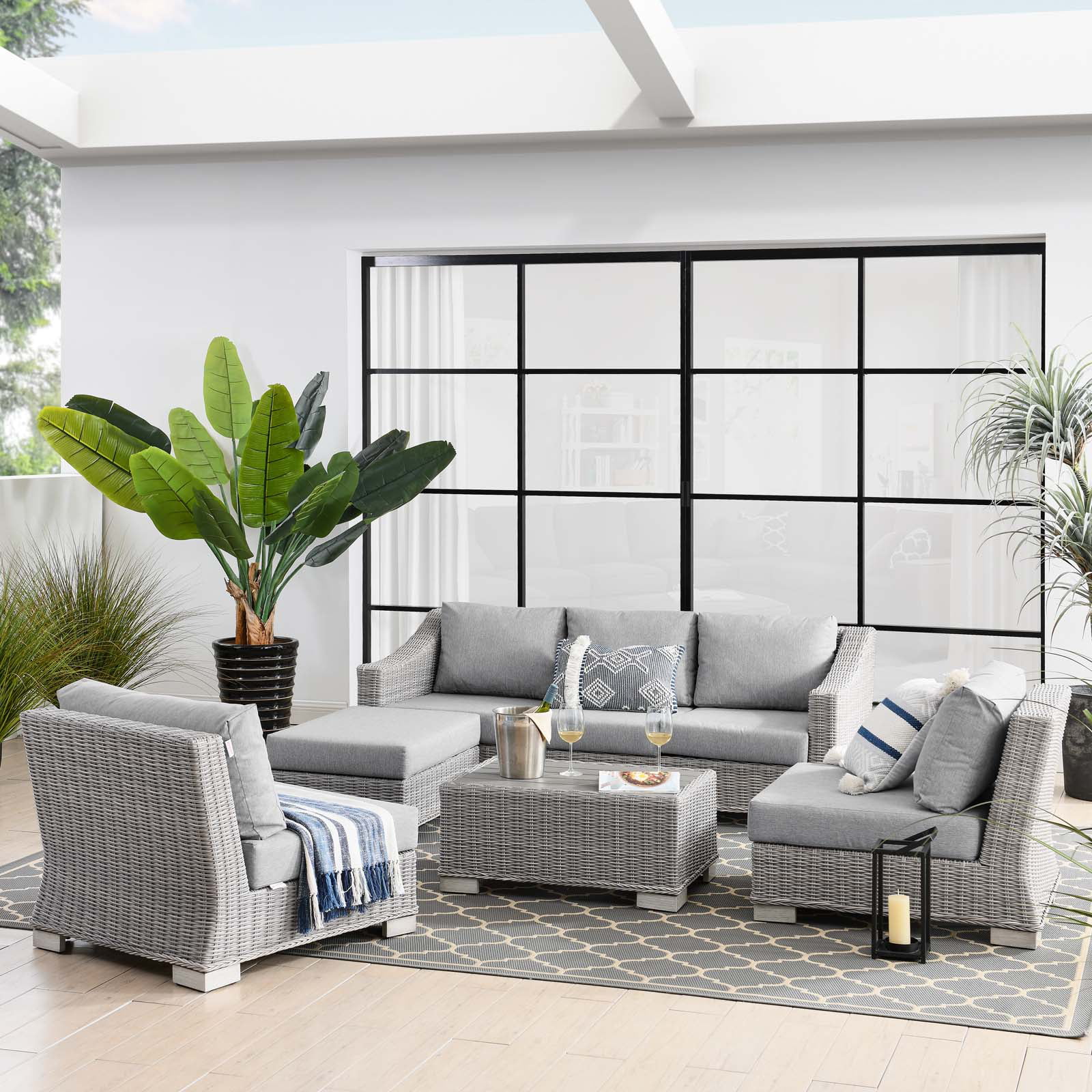 Lounge Sectional Sofa Chair Set, Rattan, Wicker, Grey Gray, Modern Contemporary Urban Design, Outdoor Patio Balcony Cafe Bistro Garden Furniture Hotel Hospitality