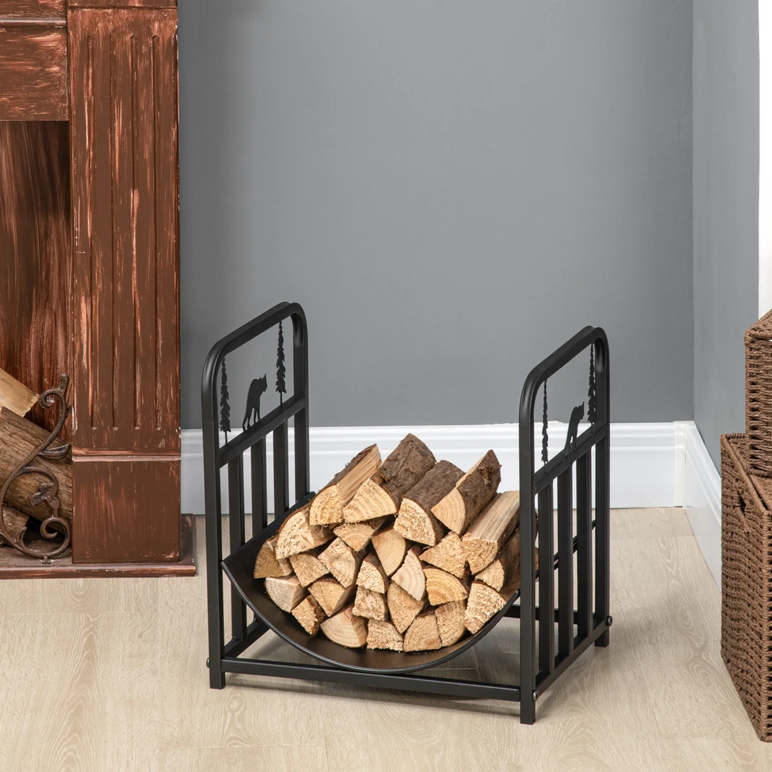 DremFaryoyo Firewood Rack with Fireplace Tools  Indoor Outdoor Firewood Holder  Curved Bottom with 1 Tier for Fireplace  Wood Stove  Hearth or Fire Pit  Black