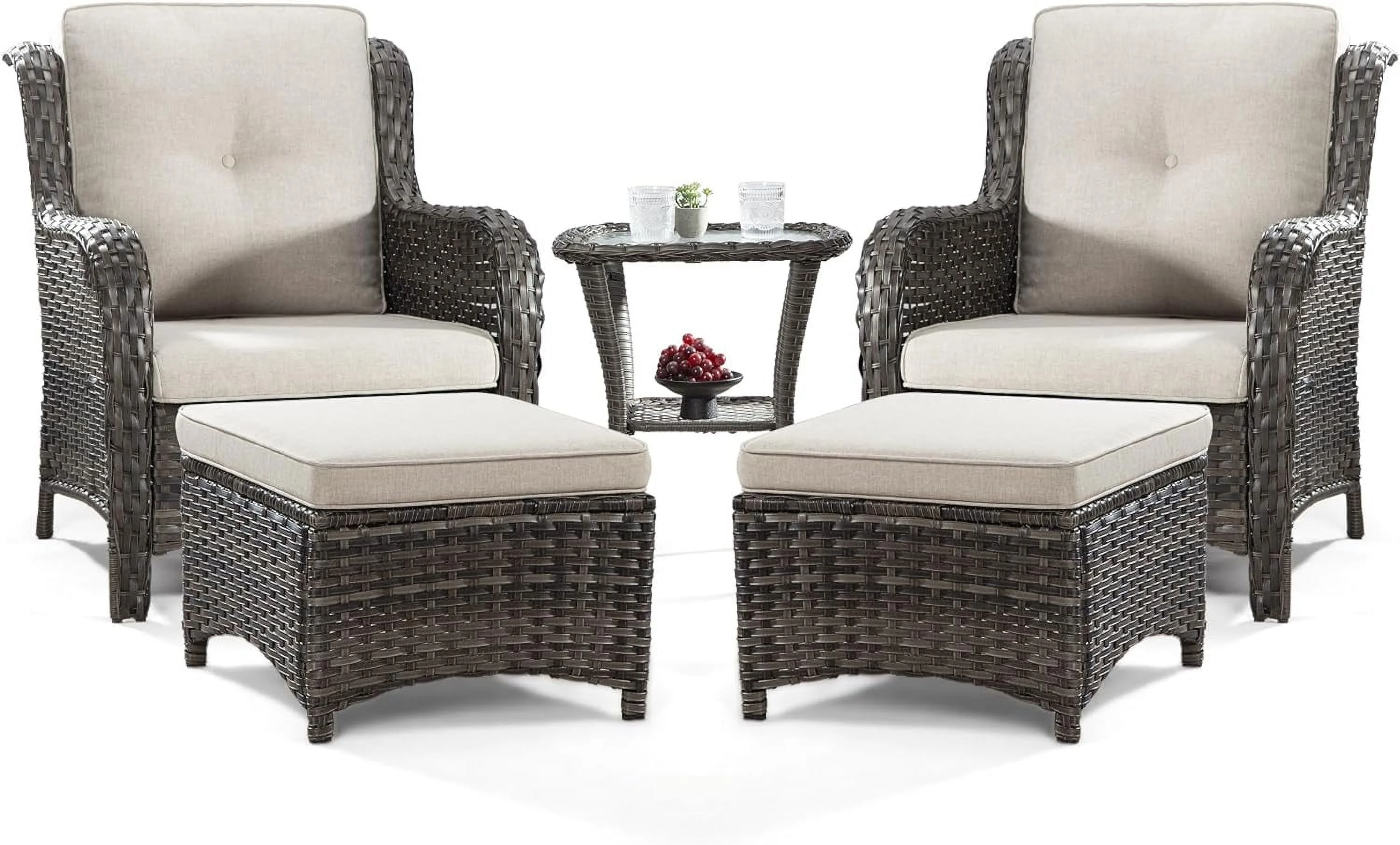 5 Pieces Patio Conversation Set, Two Wicker Chairs, A Side Table and Two Ottomans with 3.5-inch Seat Cushions for Backyard, Balcony and Deck, Beige