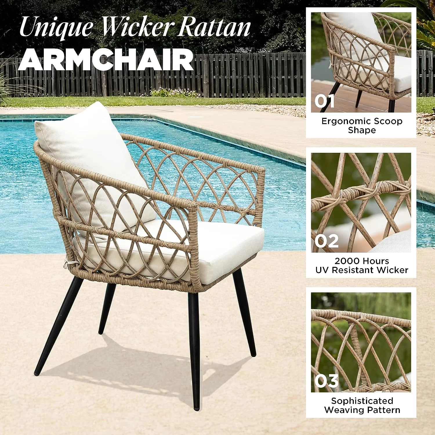 Idzo Pierre Wicker Patio Table And Chairs Set of 2 with Premium Olefin Fabric Soft Cushions
