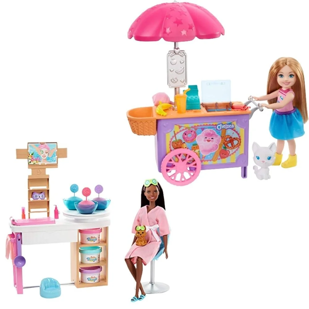Lian LifeStyle Barbie Bundle, Barbie Club Chelsea Doll and Snack Cart Playset + Barbie Face Mask Spa Day Playset with Brunette Barbie Doll. 2 Packs