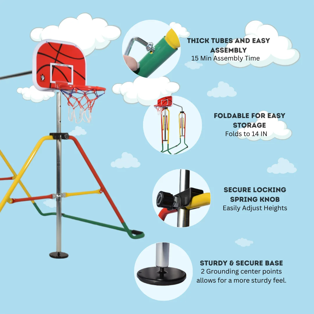 XFACTOR Metal Swing Set With Rings and Basket Ball, Foldable, Adjustable Height, Children Playground Playset